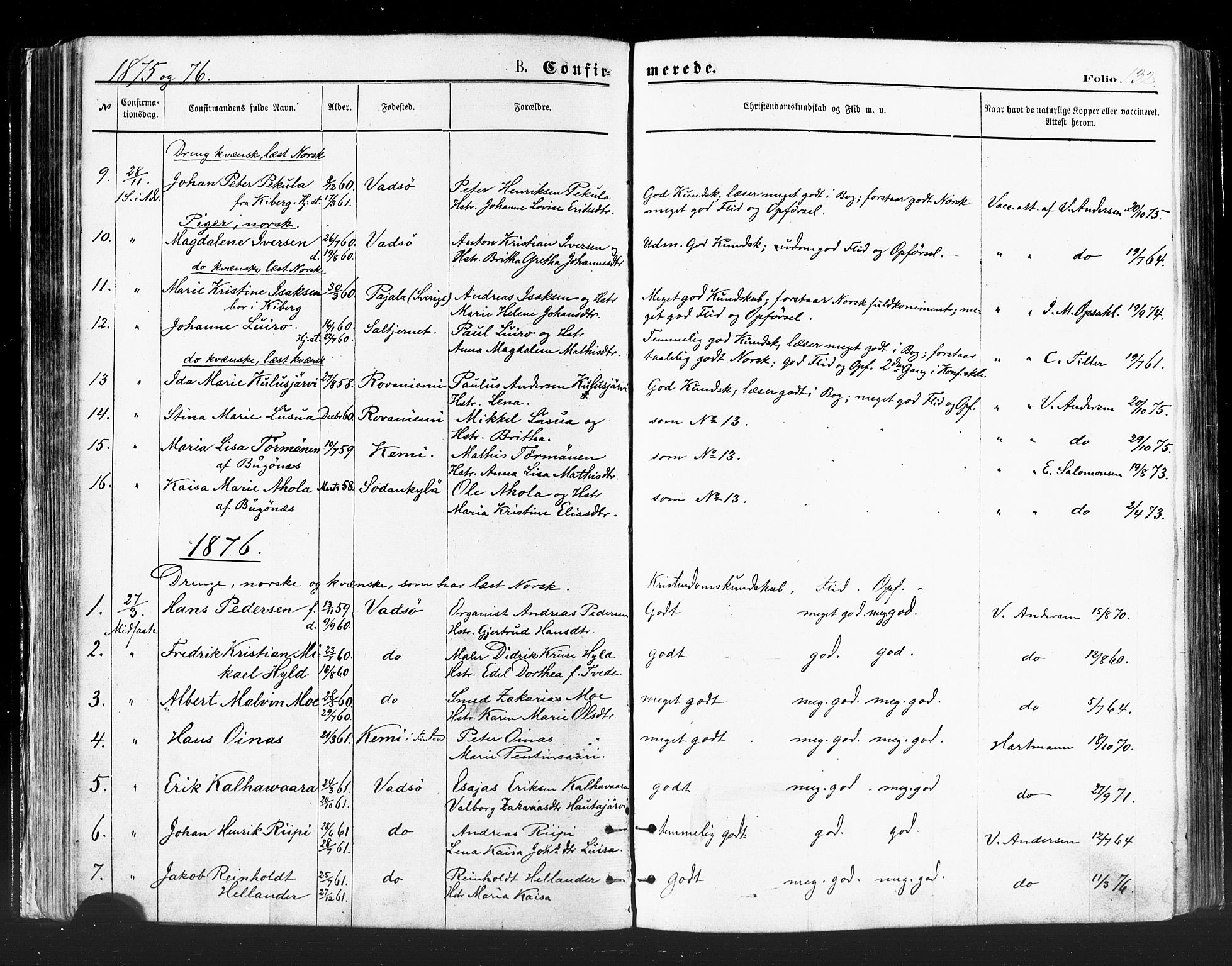 Vadsø sokneprestkontor, SATØ/S-1325/H/Ha/L0005kirke: Parish register (official) no. 5, 1873-1884, p. 132