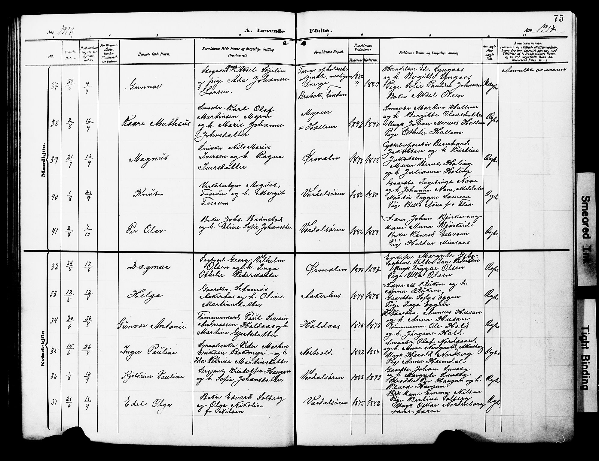 Ministerialprotokoller, klokkerbøker og fødselsregistre - Nord-Trøndelag, AV/SAT-A-1458/723/L0258: Parish register (copy) no. 723C06, 1908-1927, p. 75