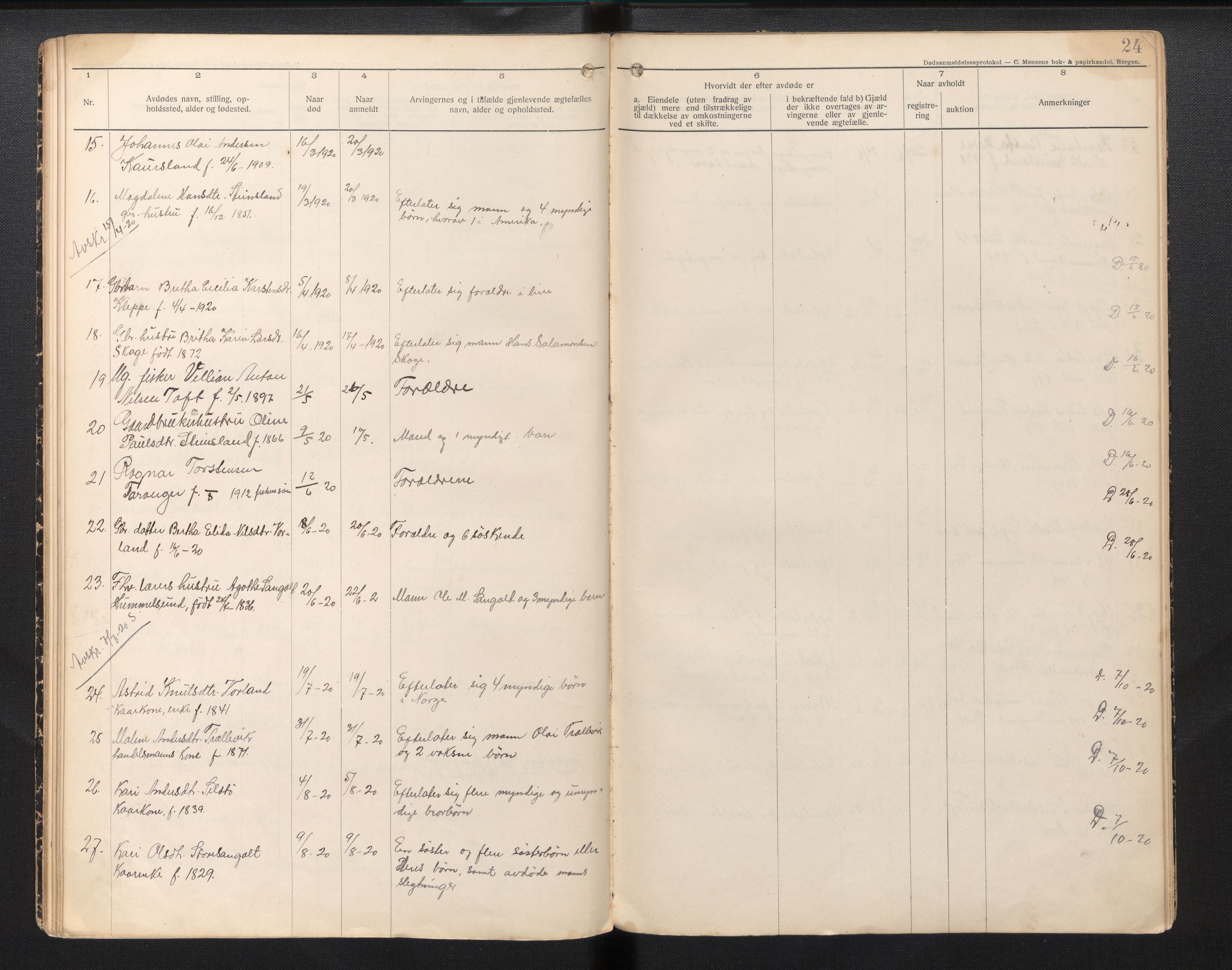 Lensmannen i Sund og Austevoll, AV/SAB-A-35201/0006/L0002: Dødsfallprotokoll - Sund, 1912-1926, p. 24