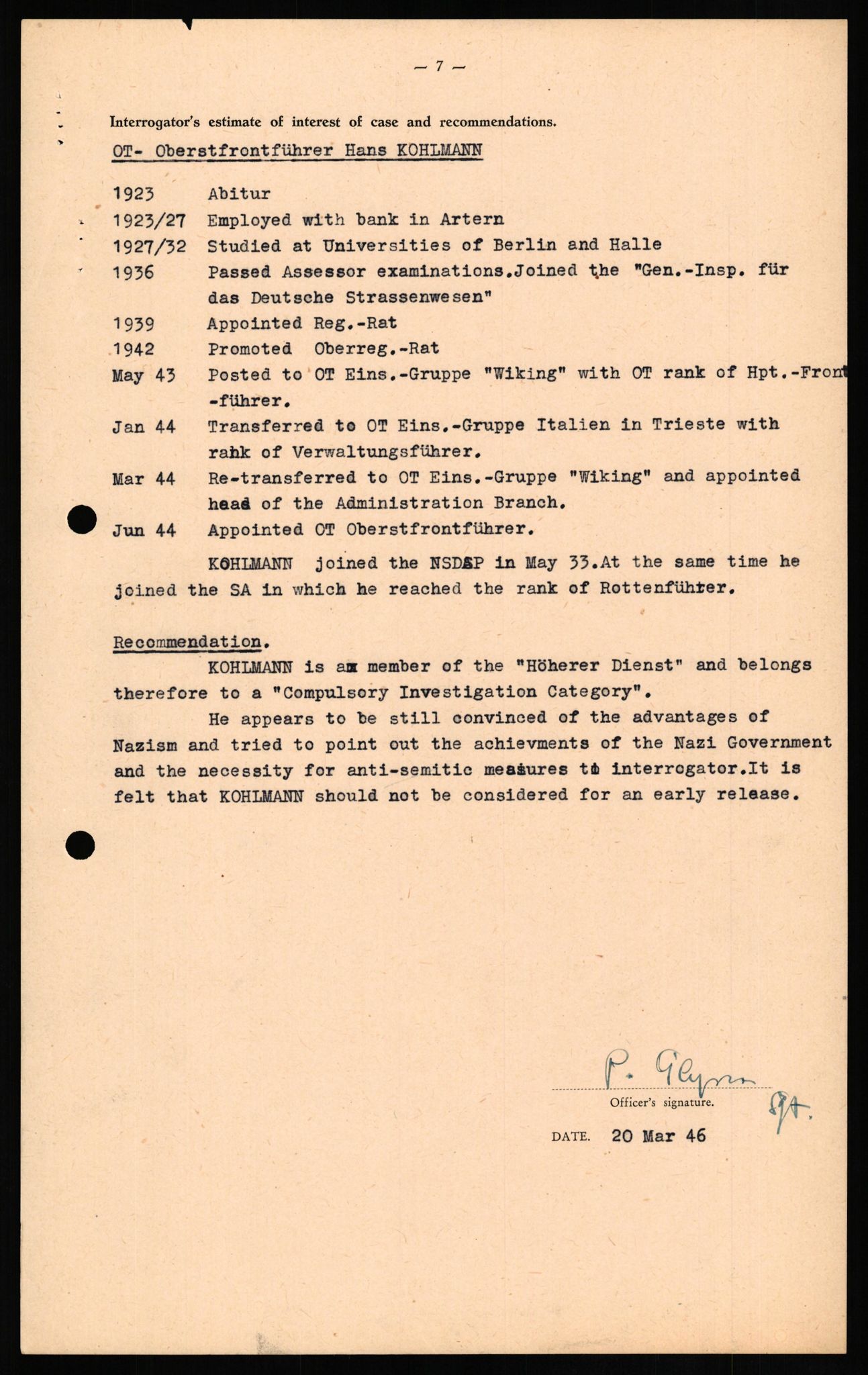 Forsvaret, Forsvarets overkommando II, RA/RAFA-3915/D/Db/L0017: CI Questionaires. Tyske okkupasjonsstyrker i Norge. Tyskere., 1945-1946, p. 453