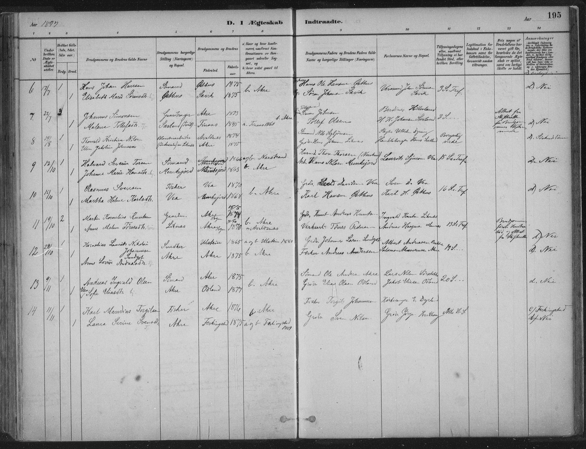 Kopervik sokneprestkontor, SAST/A-101850/H/Ha/Haa/L0004: Parish register (official) no. A 4, 1882-1905, p. 195