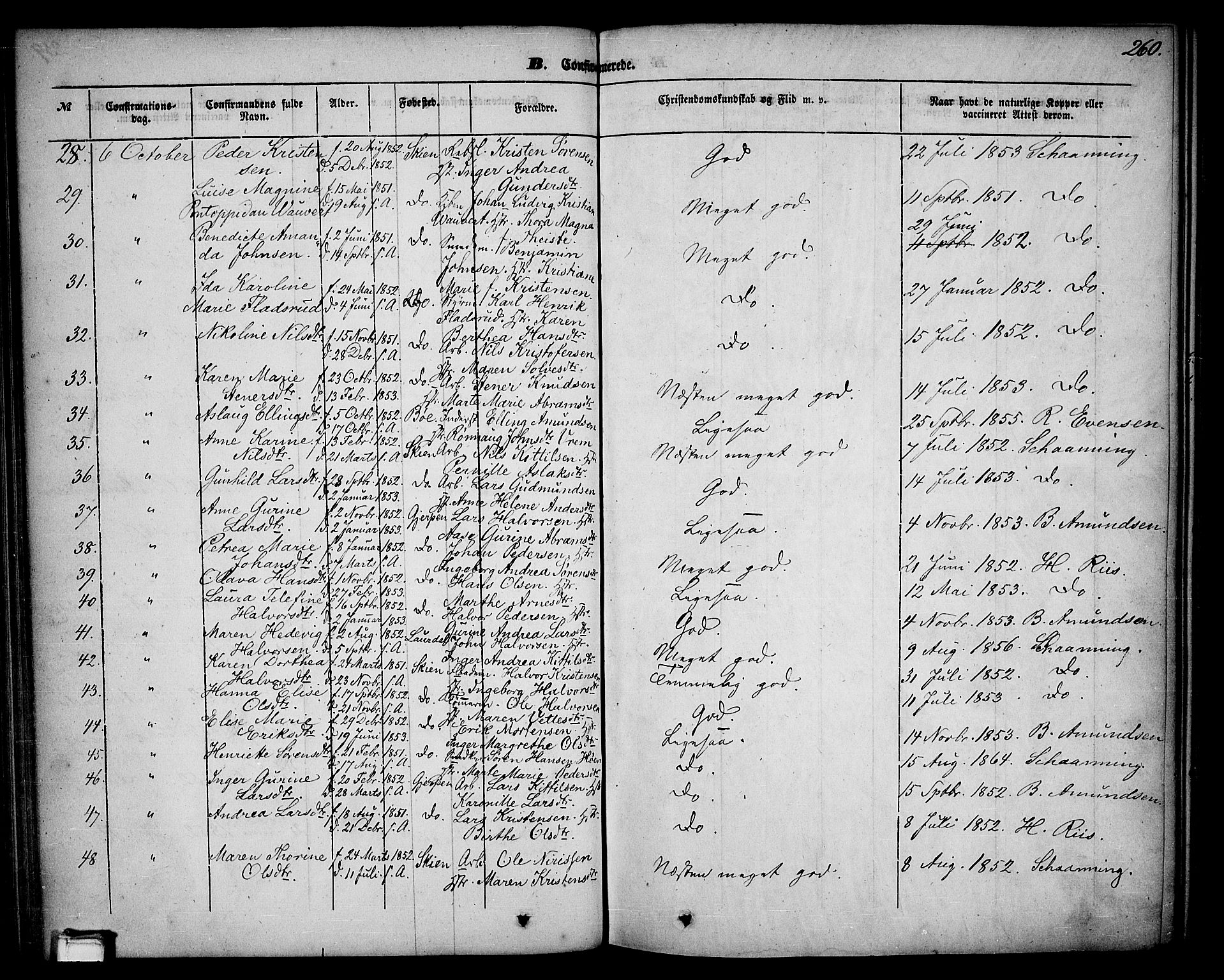 Skien kirkebøker, SAKO/A-302/G/Ga/L0004: Parish register (copy) no. 4, 1843-1867, p. 260