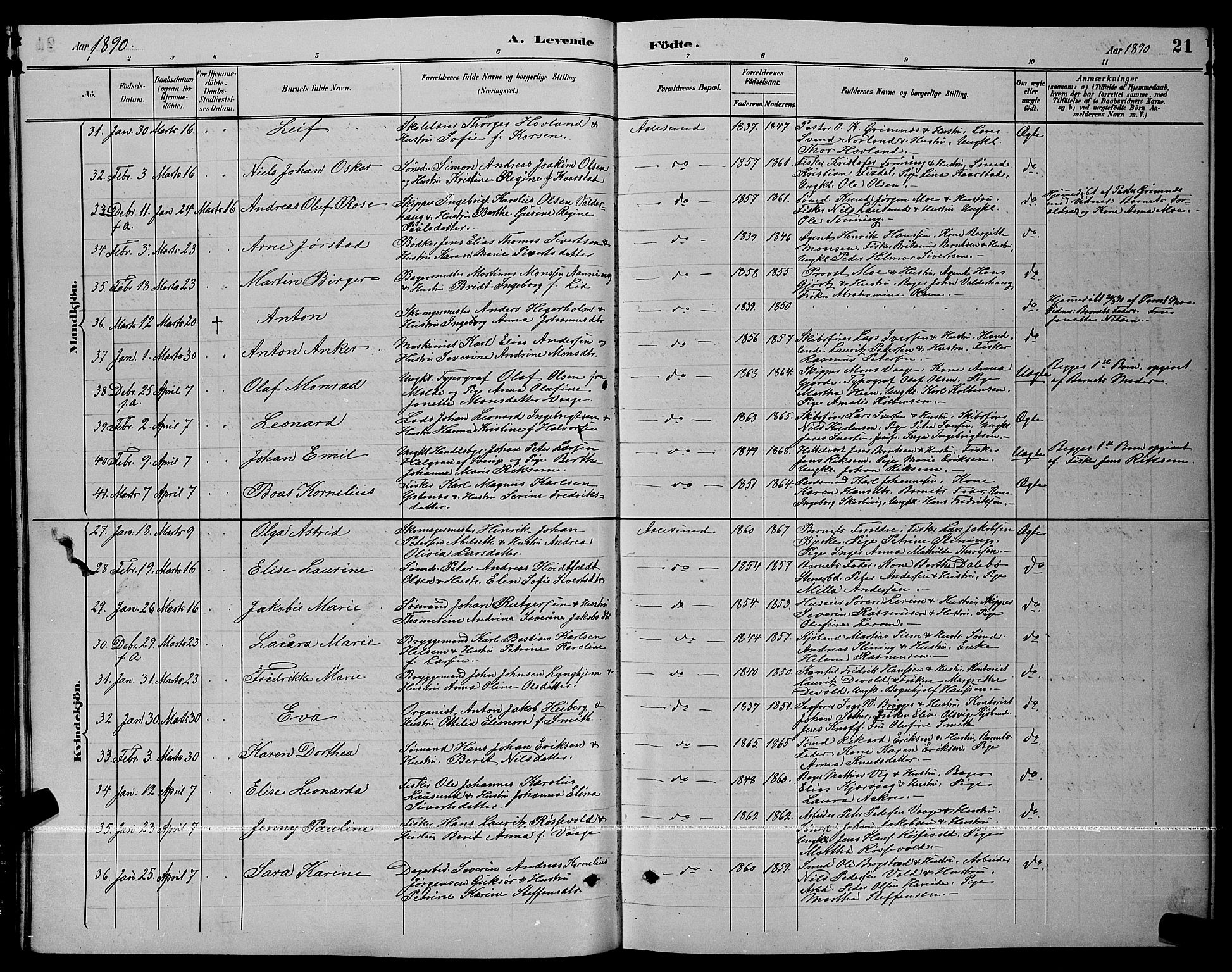 Ministerialprotokoller, klokkerbøker og fødselsregistre - Møre og Romsdal, AV/SAT-A-1454/529/L0467: Parish register (copy) no. 529C04, 1889-1897, p. 21