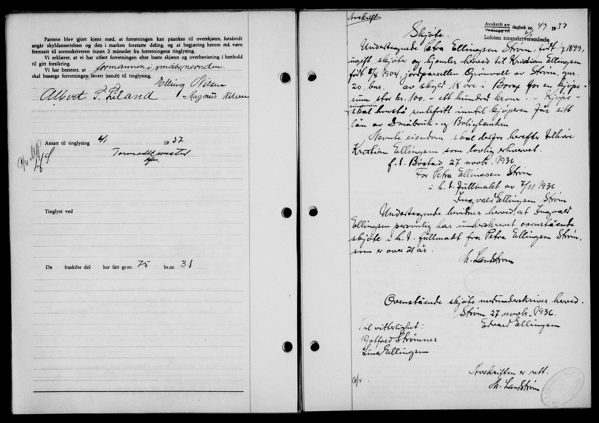Lofoten sorenskriveri, SAT/A-0017/1/2/2C/L0001a: Mortgage book no. 1a, 1936-1937, Diary no: : 47/1937