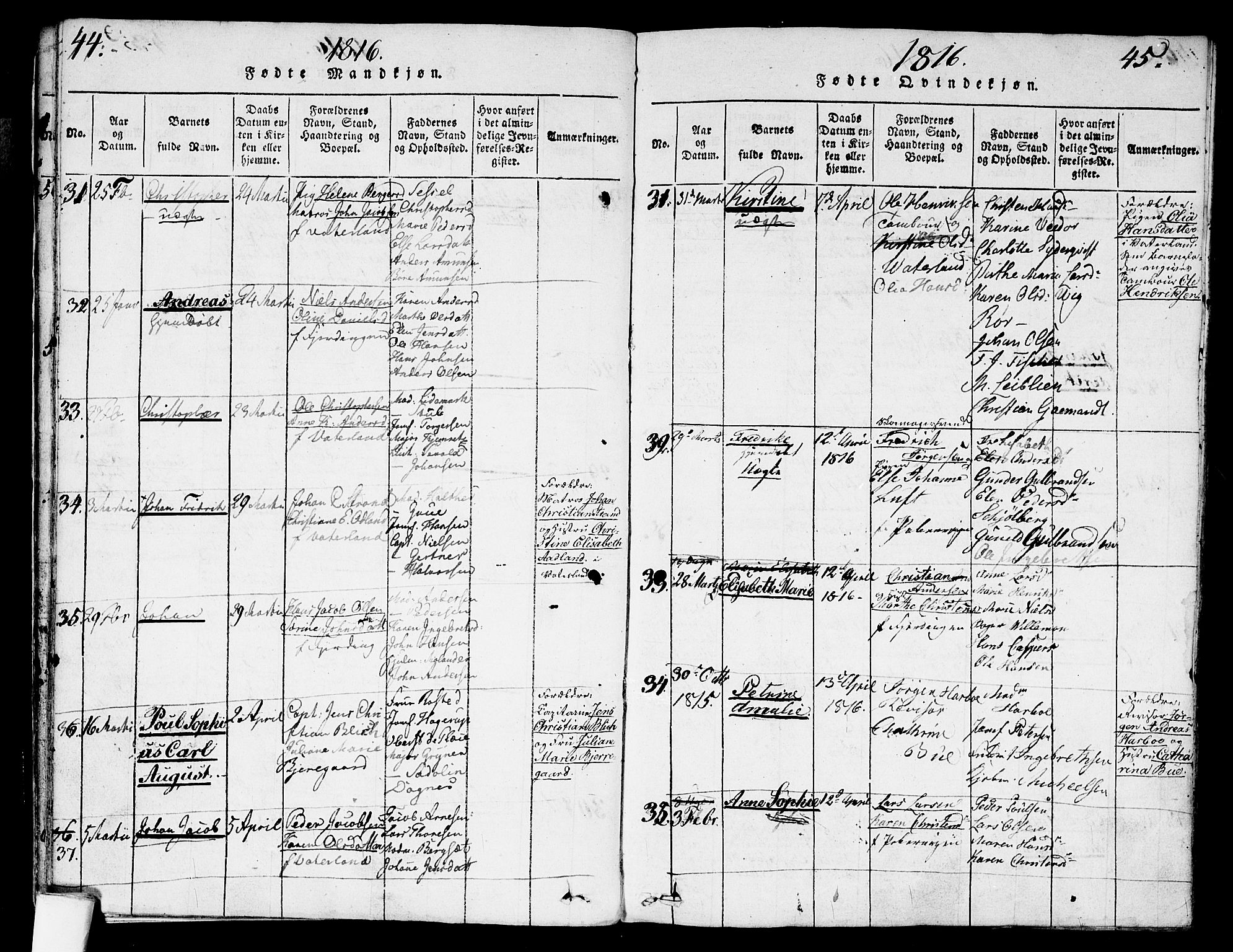 Garnisonsmenigheten Kirkebøker, AV/SAO-A-10846/G/Ga/L0003: Parish register (copy) no. 3, 1815-1819, p. 44-45