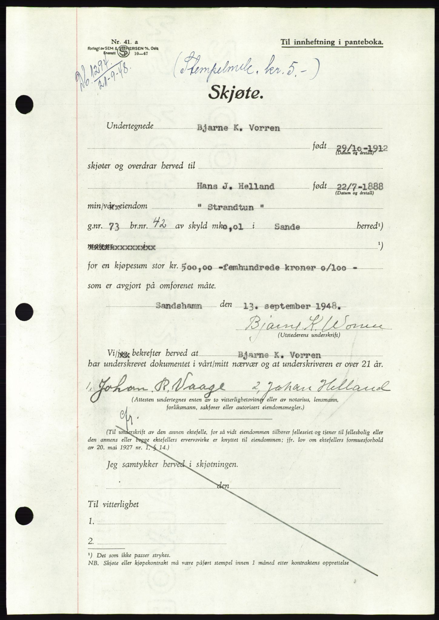 Søre Sunnmøre sorenskriveri, AV/SAT-A-4122/1/2/2C/L0083: Mortgage book no. 9A, 1948-1949, Diary no: : 1294/1948