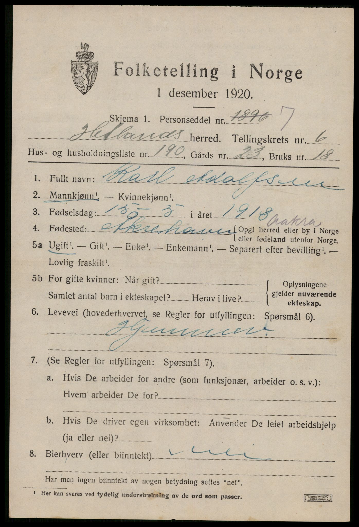 SAST, 1920 census for Hetland, 1920, p. 13255