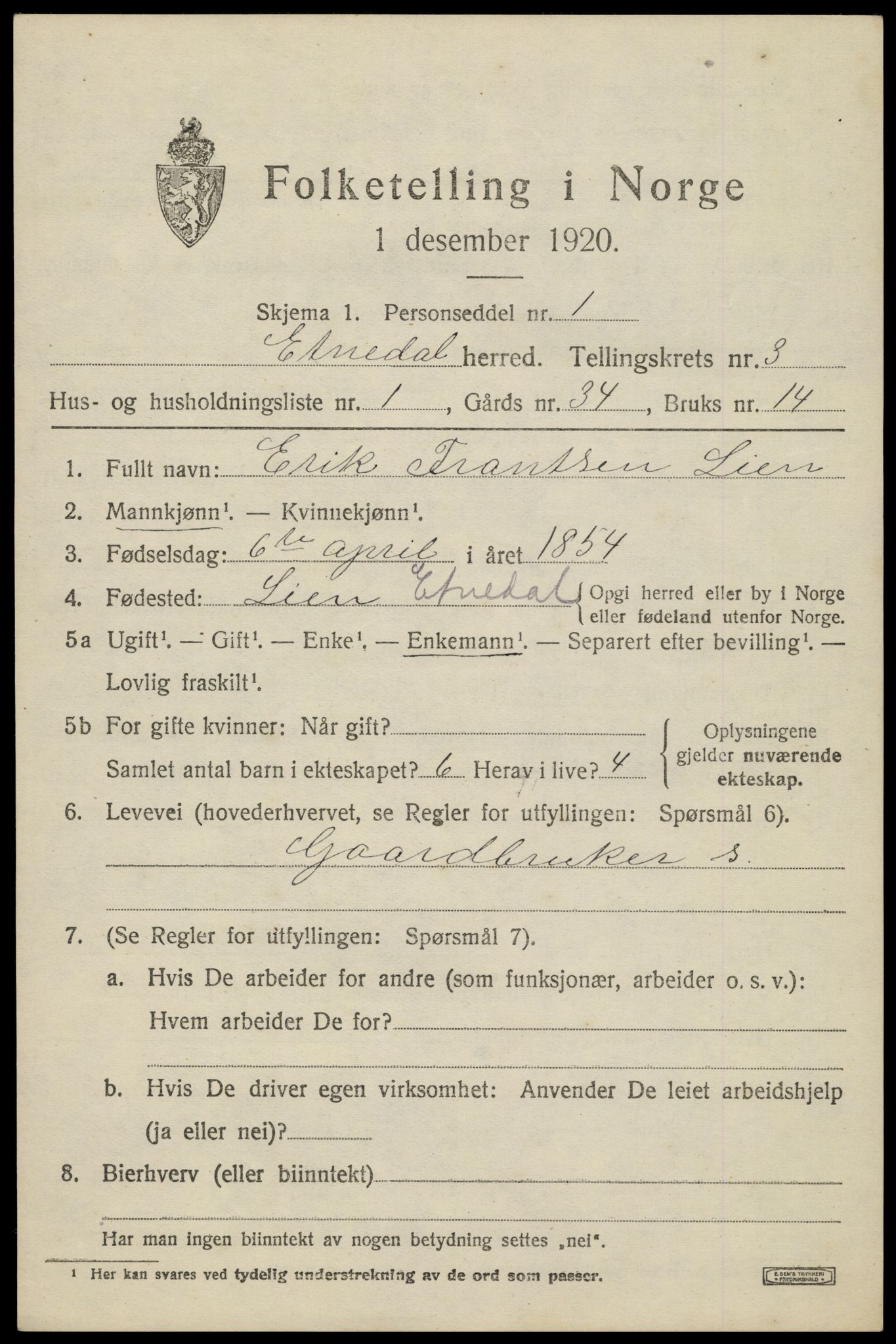 SAH, 1920 census for Etnedal, 1920, p. 1318