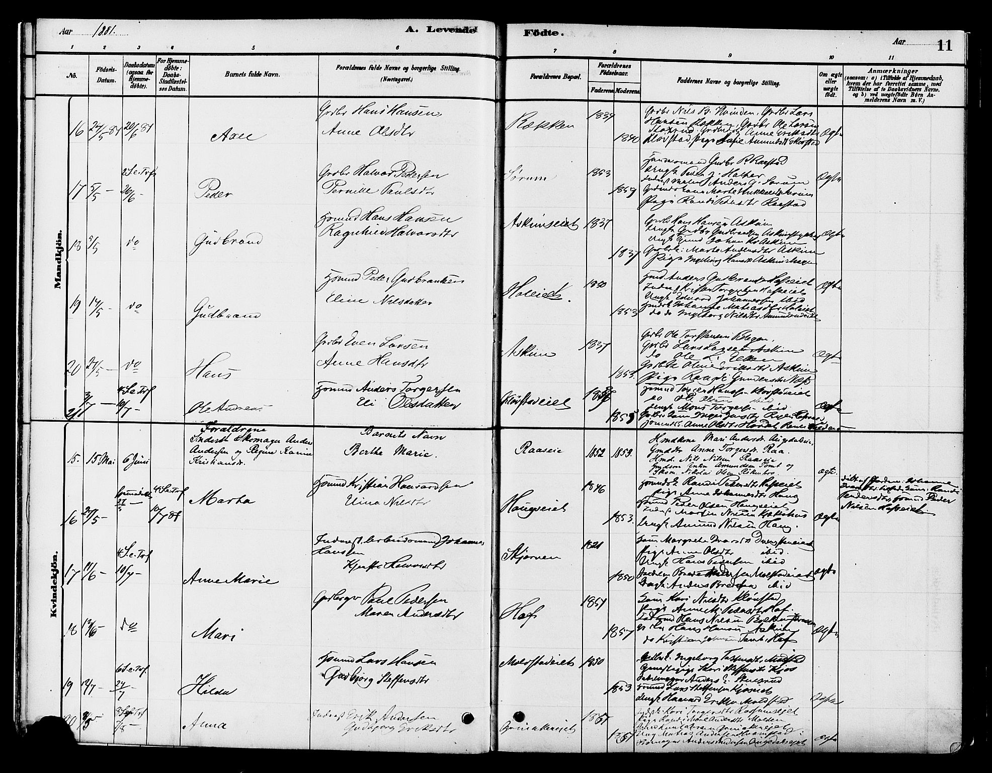 Gran prestekontor, AV/SAH-PREST-112/H/Ha/Haa/L0016: Parish register (official) no. 16, 1880-1888, p. 11