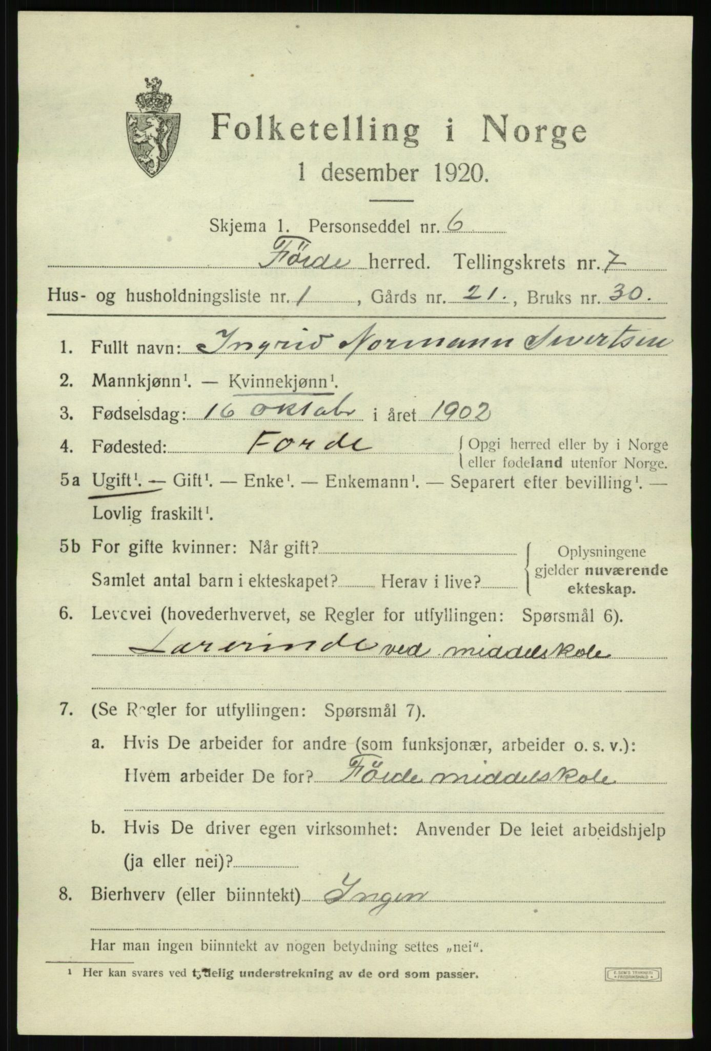 SAB, 1920 census for Førde, 1920, p. 2418