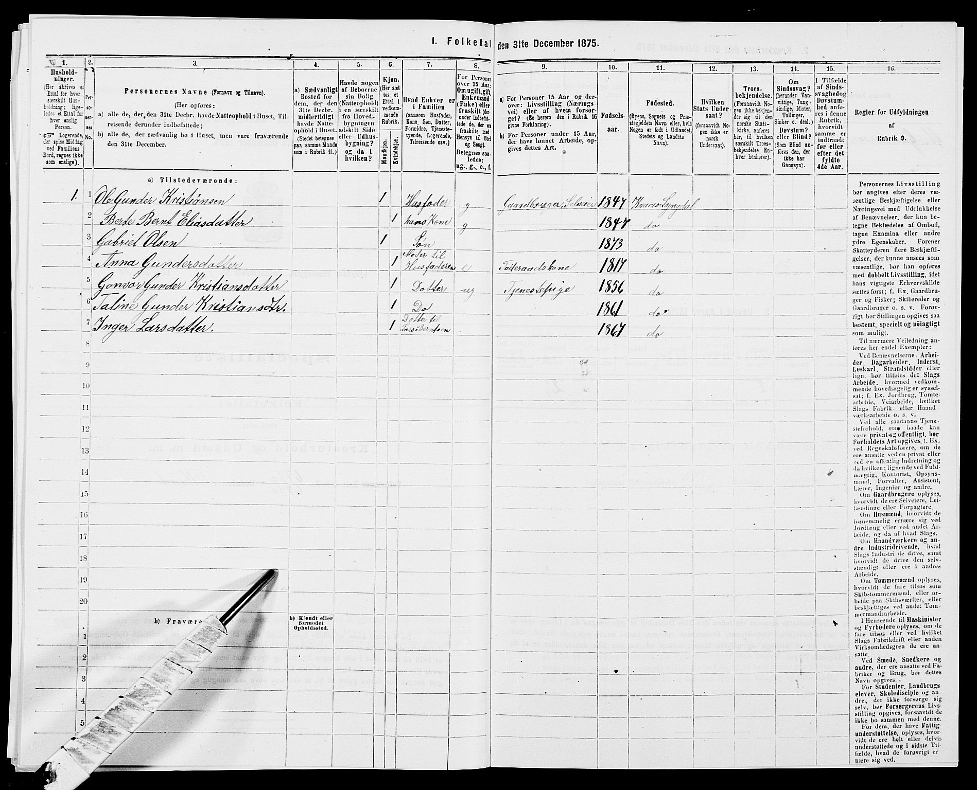 SAK, 1875 census for 1032P Lyngdal, 1875, p. 2008