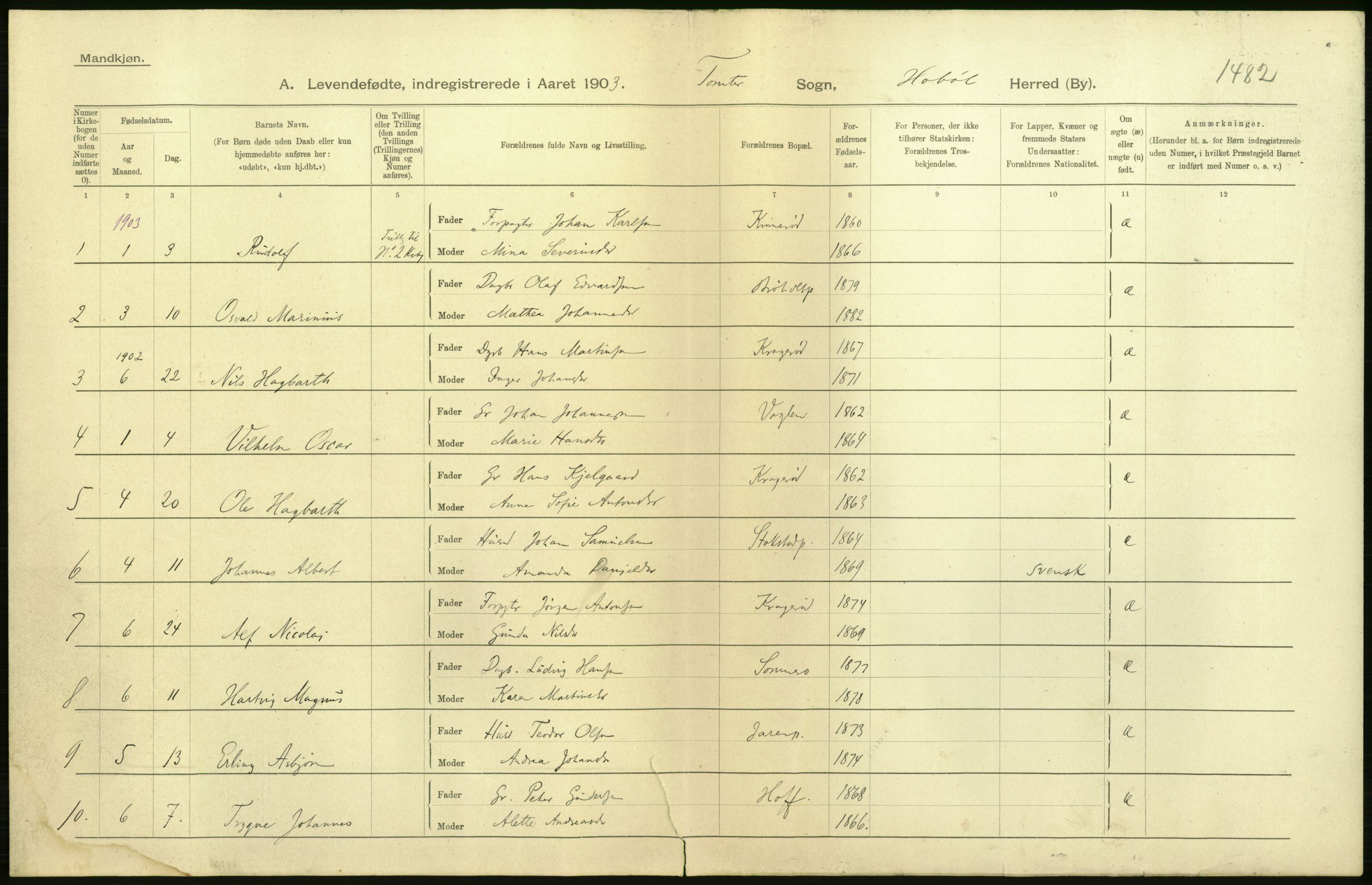 Statistisk sentralbyrå, Sosiodemografiske emner, Befolkning, AV/RA-S-2228/D/Df/Dfa/Dfaa/L0001: Smålenenes amt: Fødte, gifte, døde, 1903, p. 6