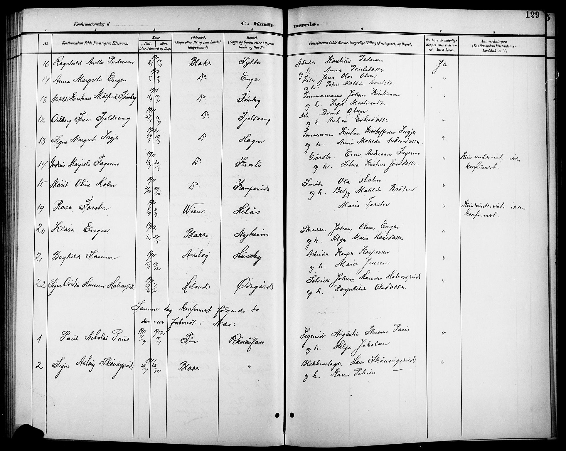 Aurskog prestekontor Kirkebøker, SAO/A-10304a/G/Gb/L0002: Parish register (copy) no. II 2, 1901-1926, p. 129