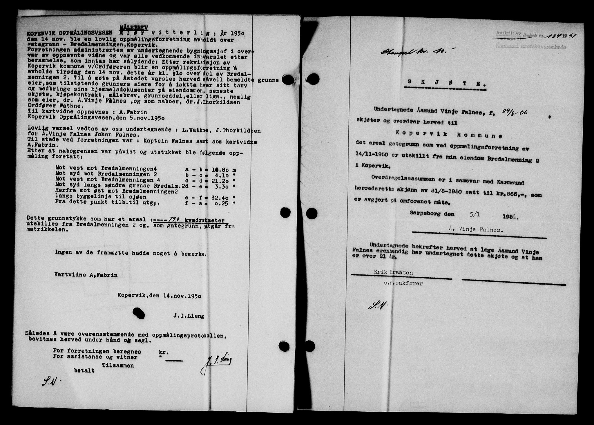 Karmsund sorenskriveri, SAST/A-100311/01/II/IIB/L0101: Mortgage book no. 81A, 1950-1951, Diary no: : 134/1951