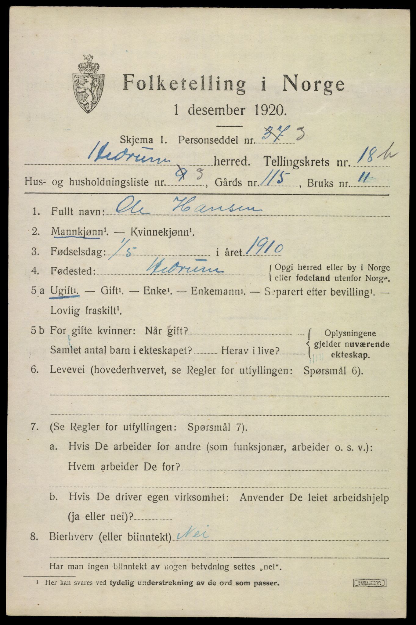 SAKO, 1920 census for Hedrum, 1920, p. 11013