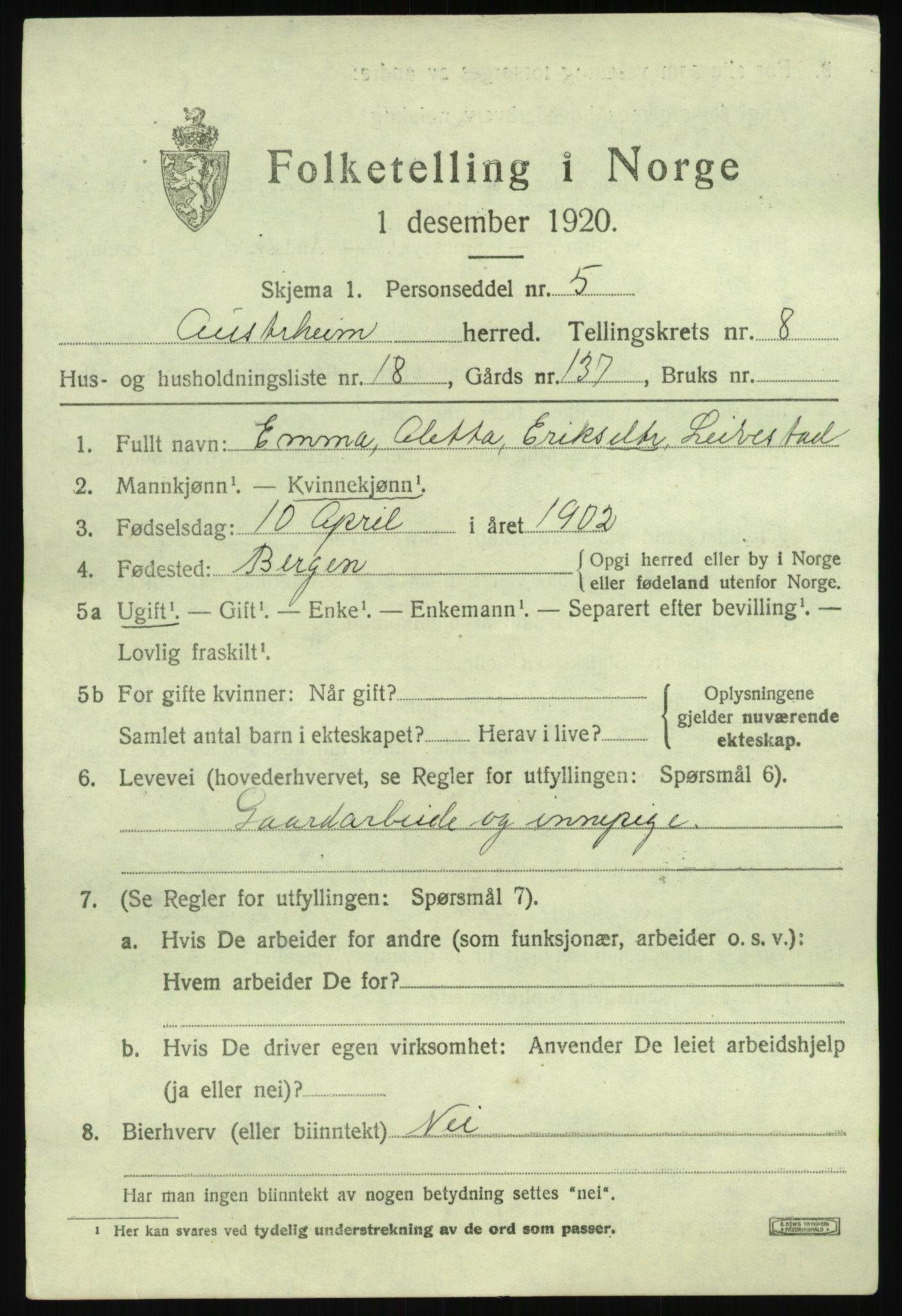 SAB, 1920 census for Austrheim, 1920, p. 3194