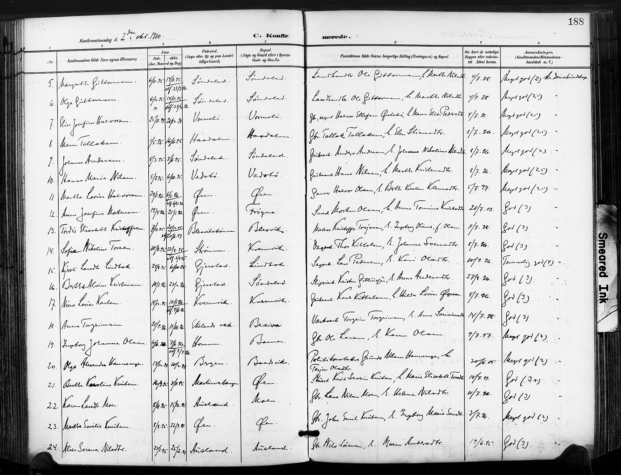 Søndeled sokneprestkontor, AV/SAK-1111-0038/F/Fa/L0006: Parish register (official) no. A 6, 1900-1922, p. 188