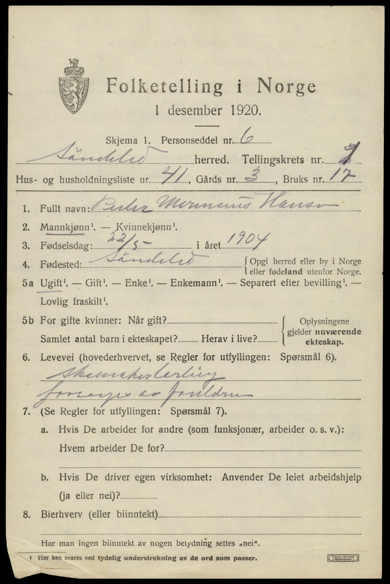 SAK, 1920 census for Søndeled, 1920, p. 1709