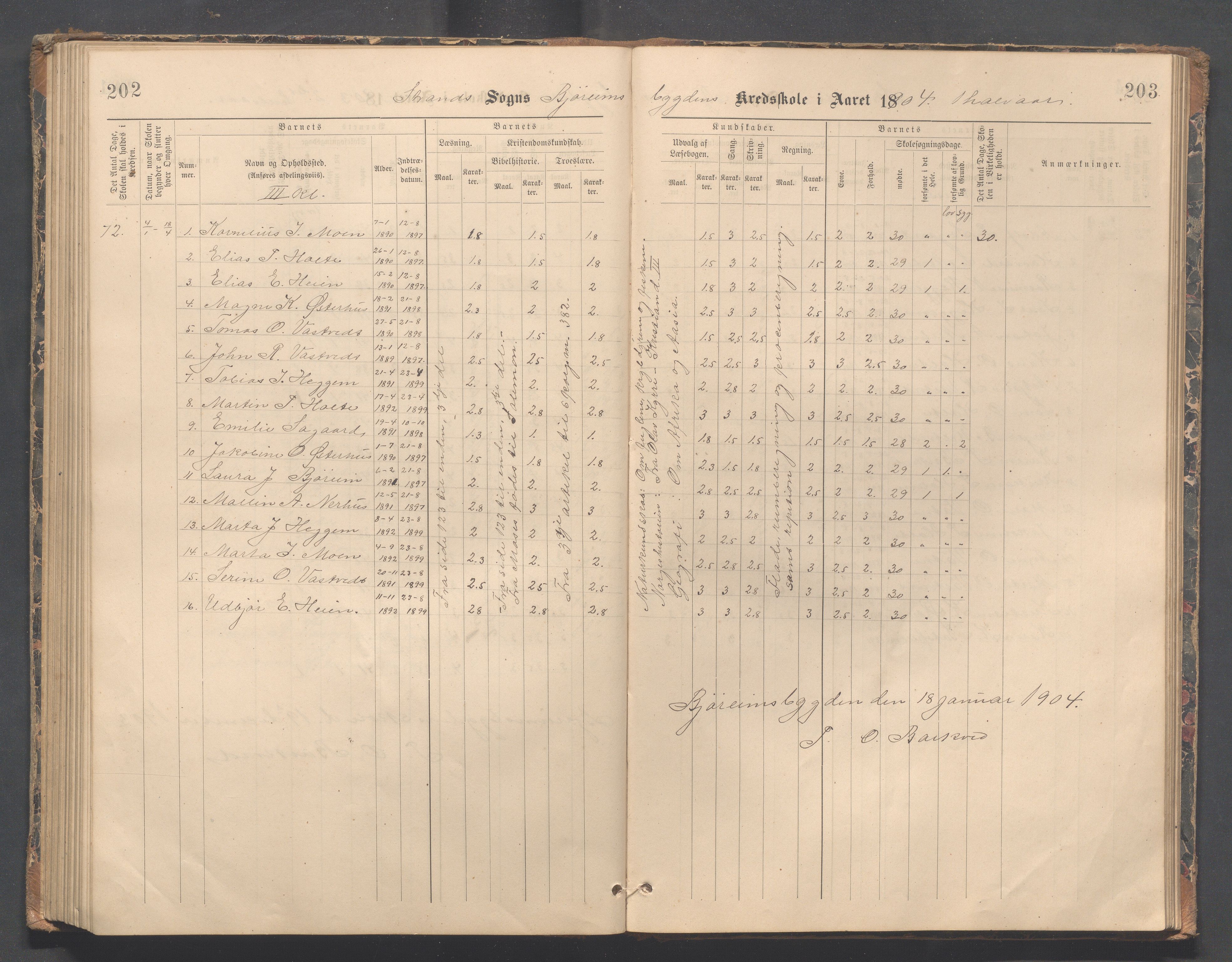 Strand kommune - Bjørheimsbygd skole, IKAR/A-147/H/L0002: Skoleprotokoll for Bjørheimsbygd og Lekvam krets, 1891-1907, p. 202-203