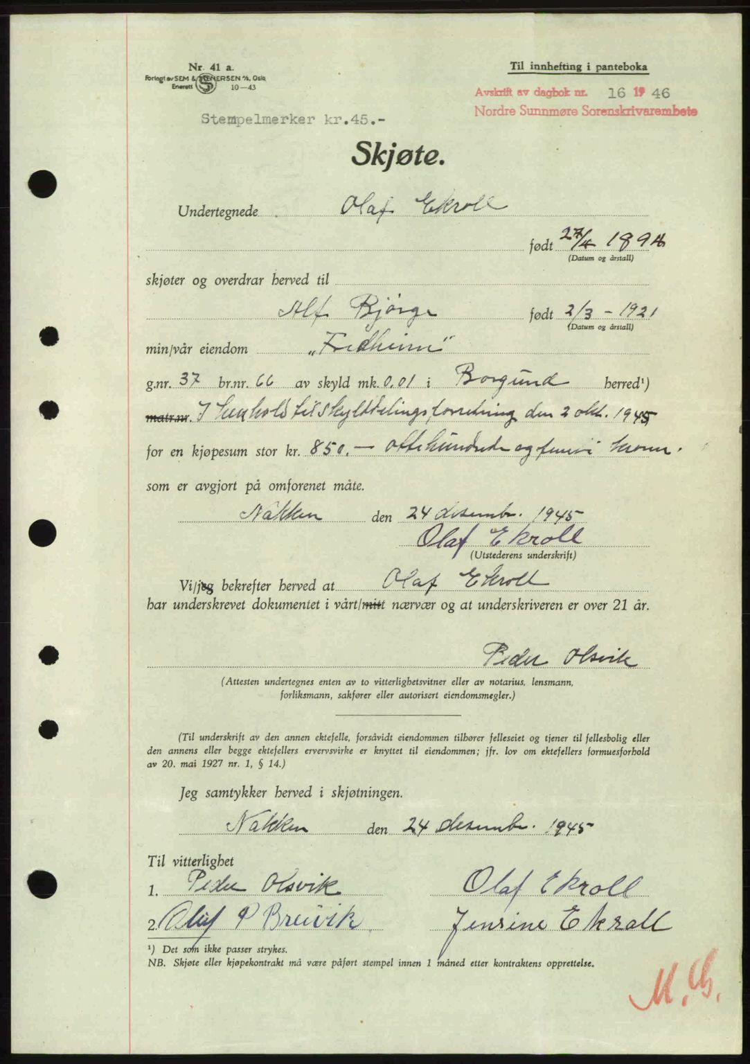 Nordre Sunnmøre sorenskriveri, AV/SAT-A-0006/1/2/2C/2Ca: Mortgage book no. A20b, 1946-1946, Diary no: : 16/1946