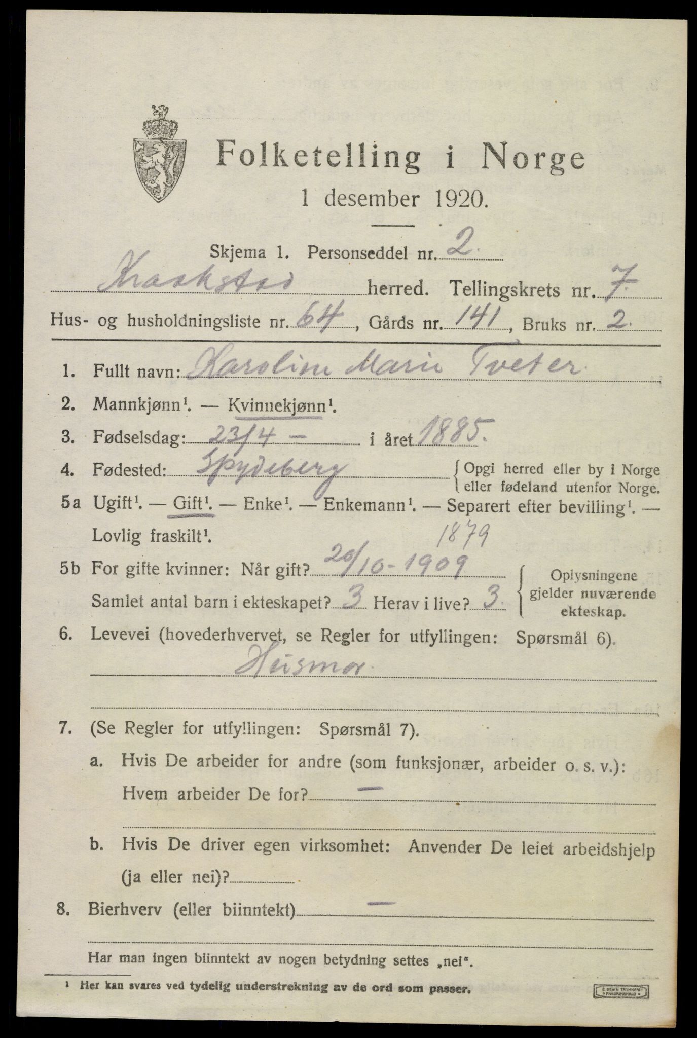 SAO, 1920 census for Kråkstad, 1920, p. 7945