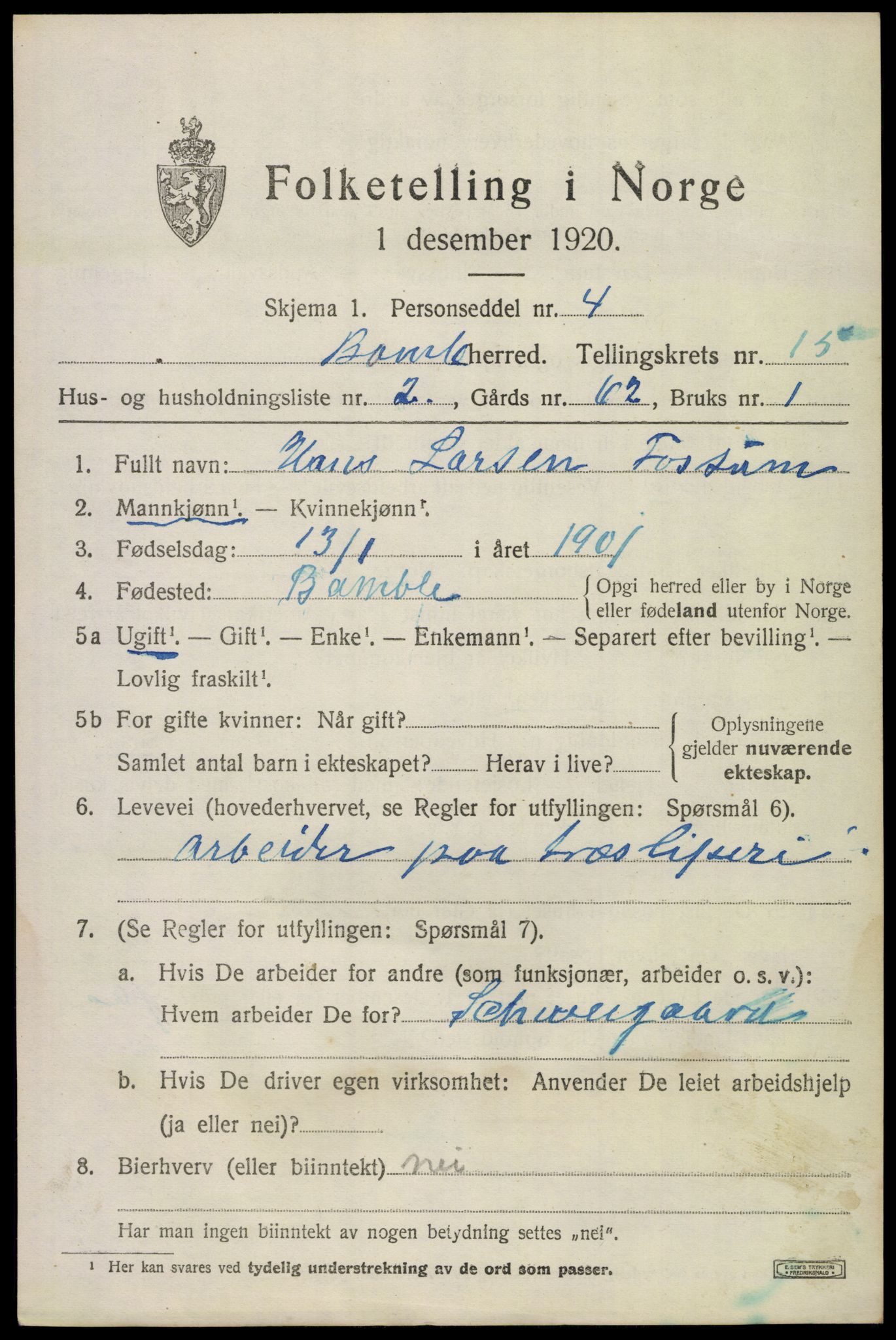 SAKO, 1920 census for Bamble, 1920, p. 10855