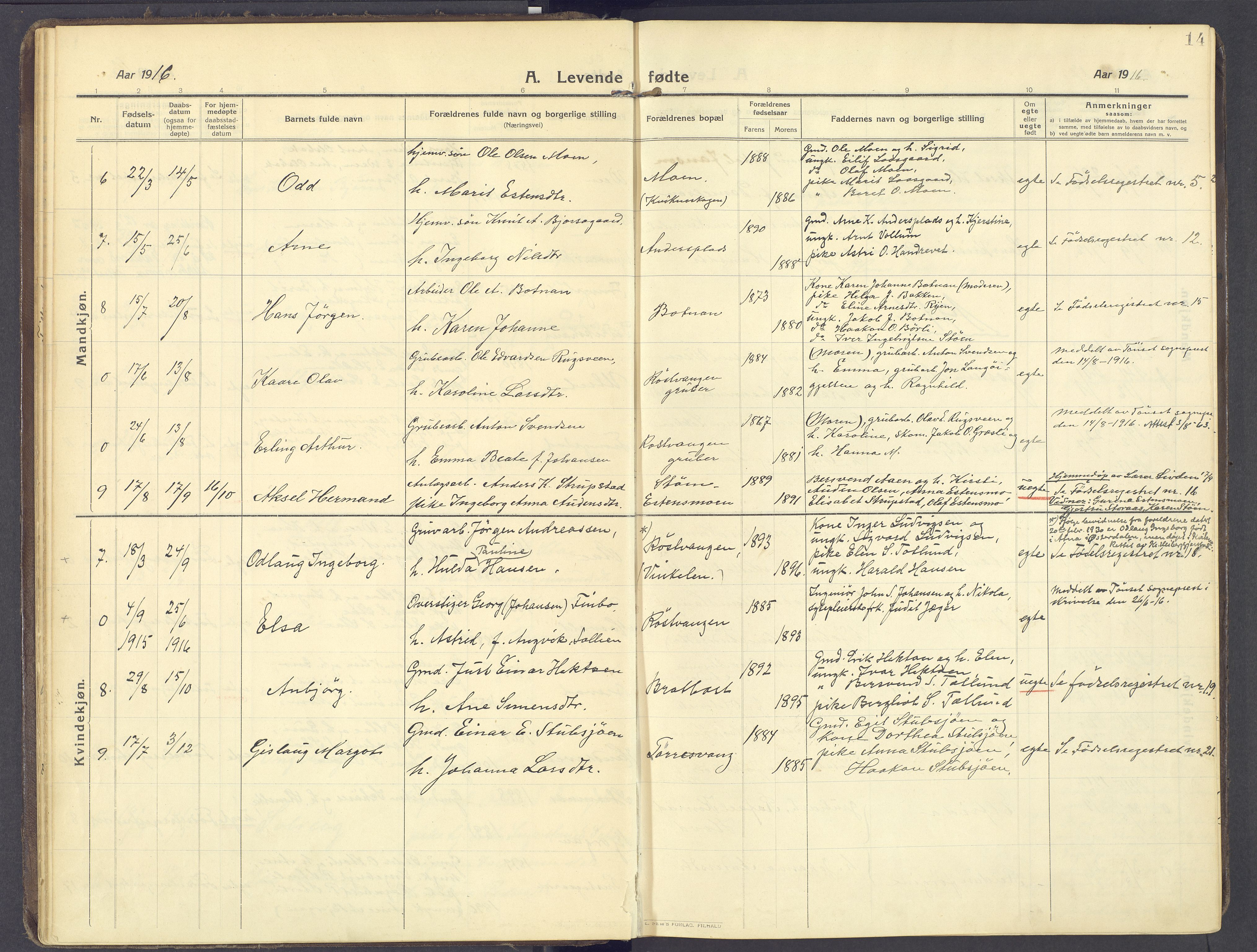Kvikne prestekontor, SAH/PREST-064/H/Ha/Haa/L0009: Parish register (official) no. 9, 1911-1942, p. 14