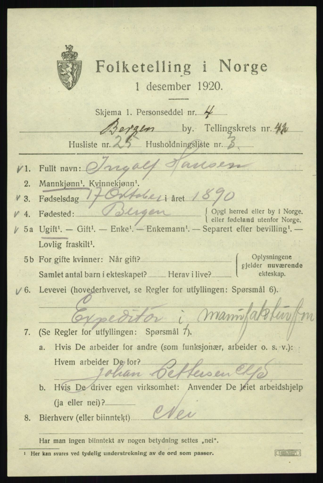 SAB, 1920 census for Bergen, 1920, p. 110405