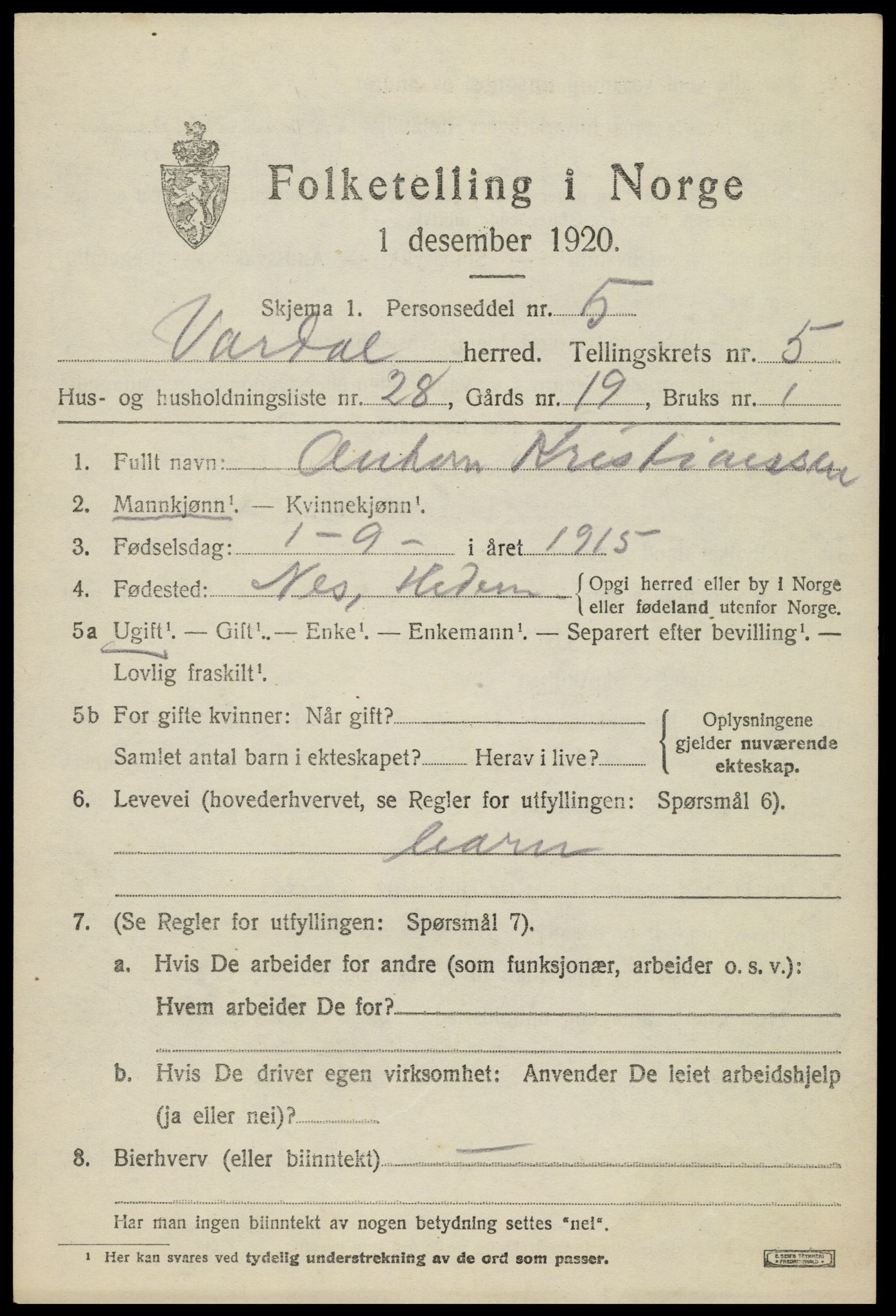 SAH, 1920 census for Vardal, 1920, p. 3399