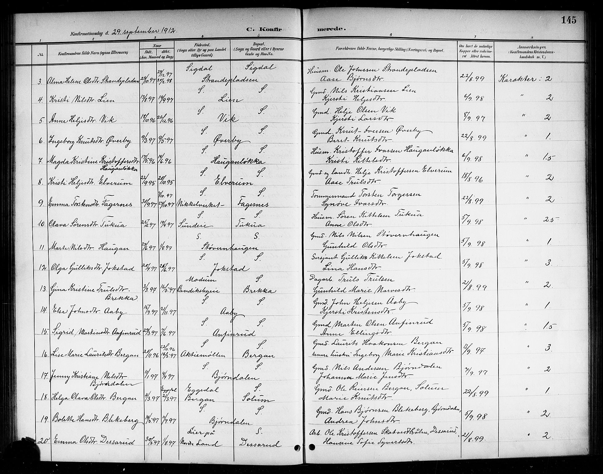 Sigdal kirkebøker, SAKO/A-245/G/Ga/L0006: Parish register (copy) no. I 6, 1901-1916, p. 145