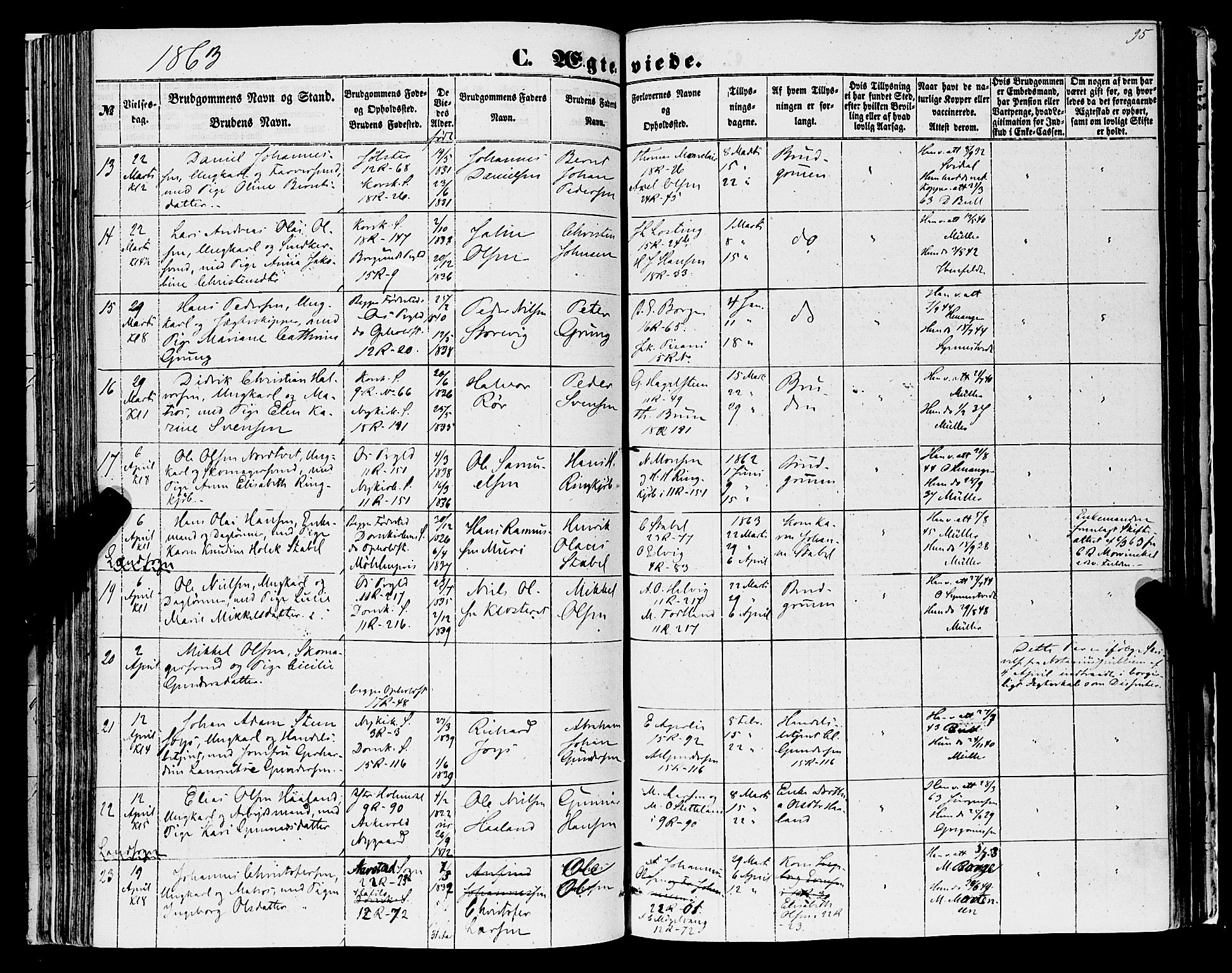 Domkirken sokneprestembete, SAB/A-74801/H/Haa/L0034: Parish register (official) no. D 2, 1853-1874, p. 95