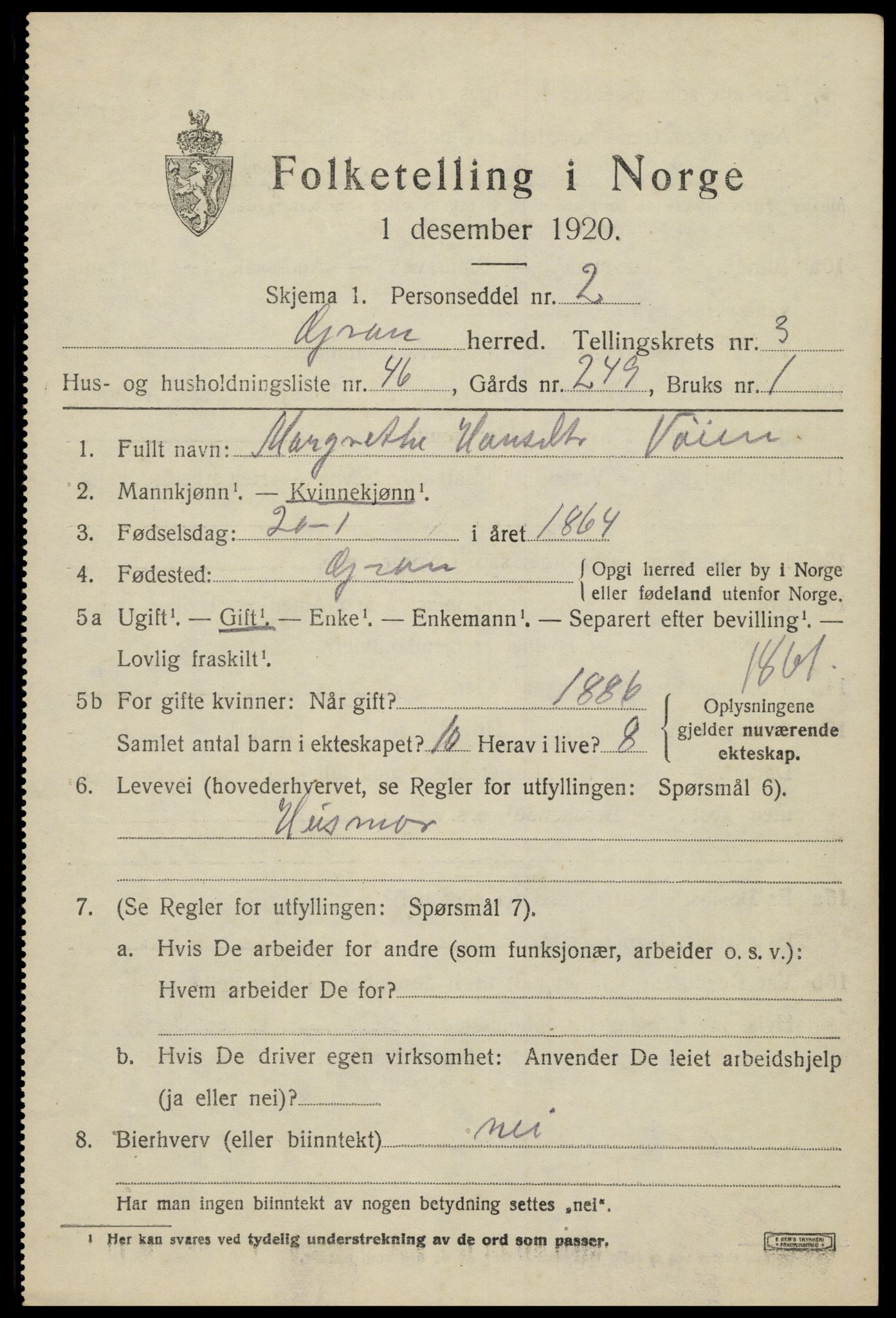 SAH, 1920 census for Gran, 1920, p. 5746