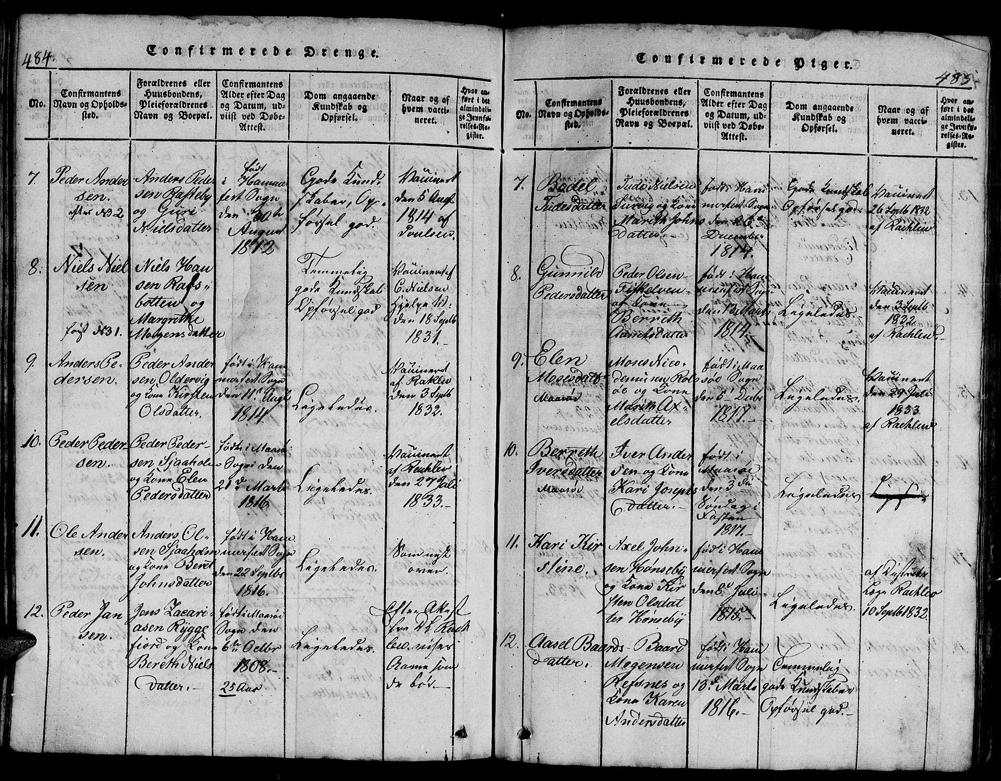 Hammerfest sokneprestkontor, AV/SATØ-S-1347/H/Hb/L0001.klokk: Parish register (copy) no. 1, 1822-1850, p. 484-485