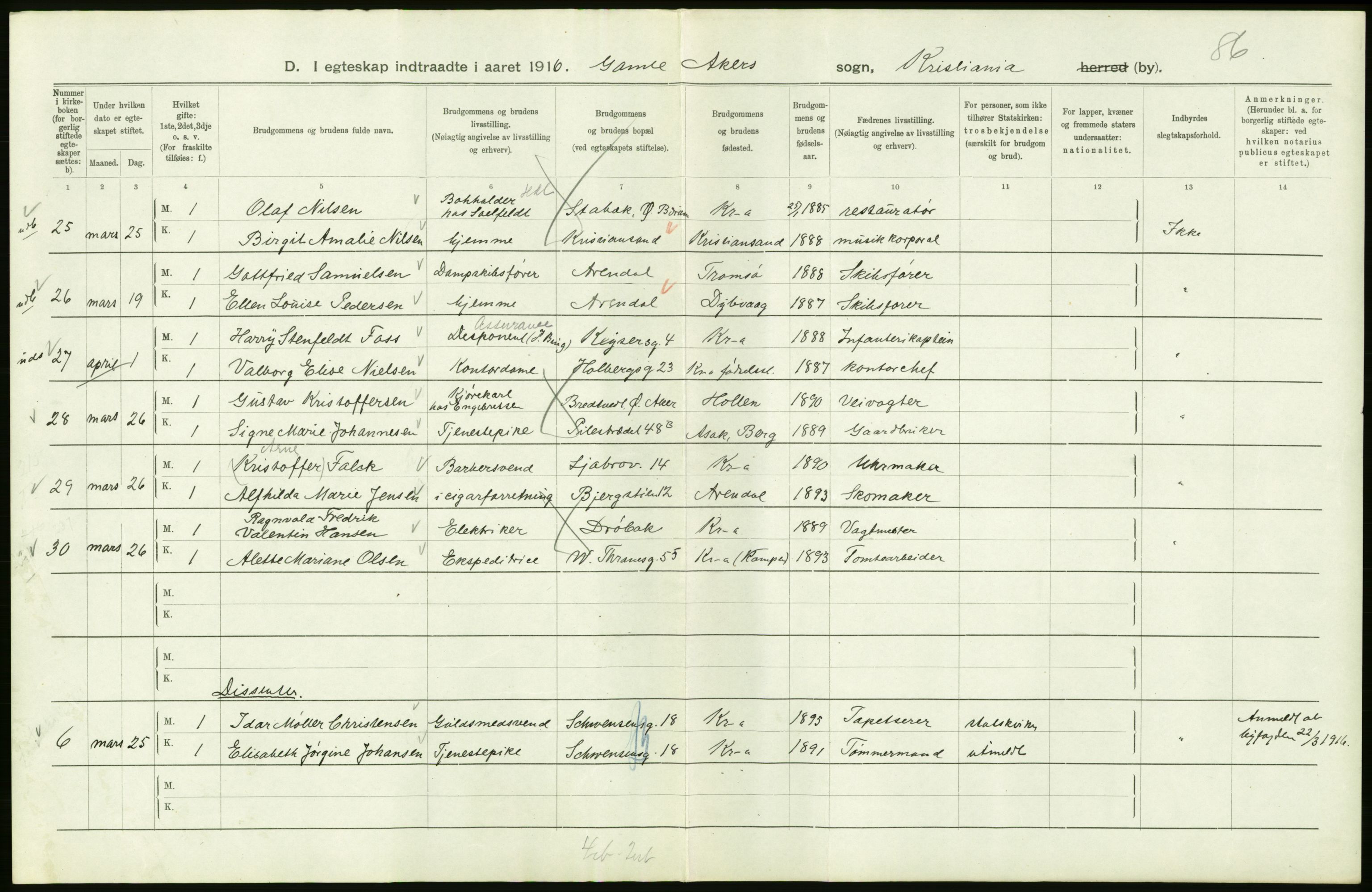 Statistisk sentralbyrå, Sosiodemografiske emner, Befolkning, RA/S-2228/D/Df/Dfb/Dfbf/L0008: Kristiania: Gifte, 1916, p. 136