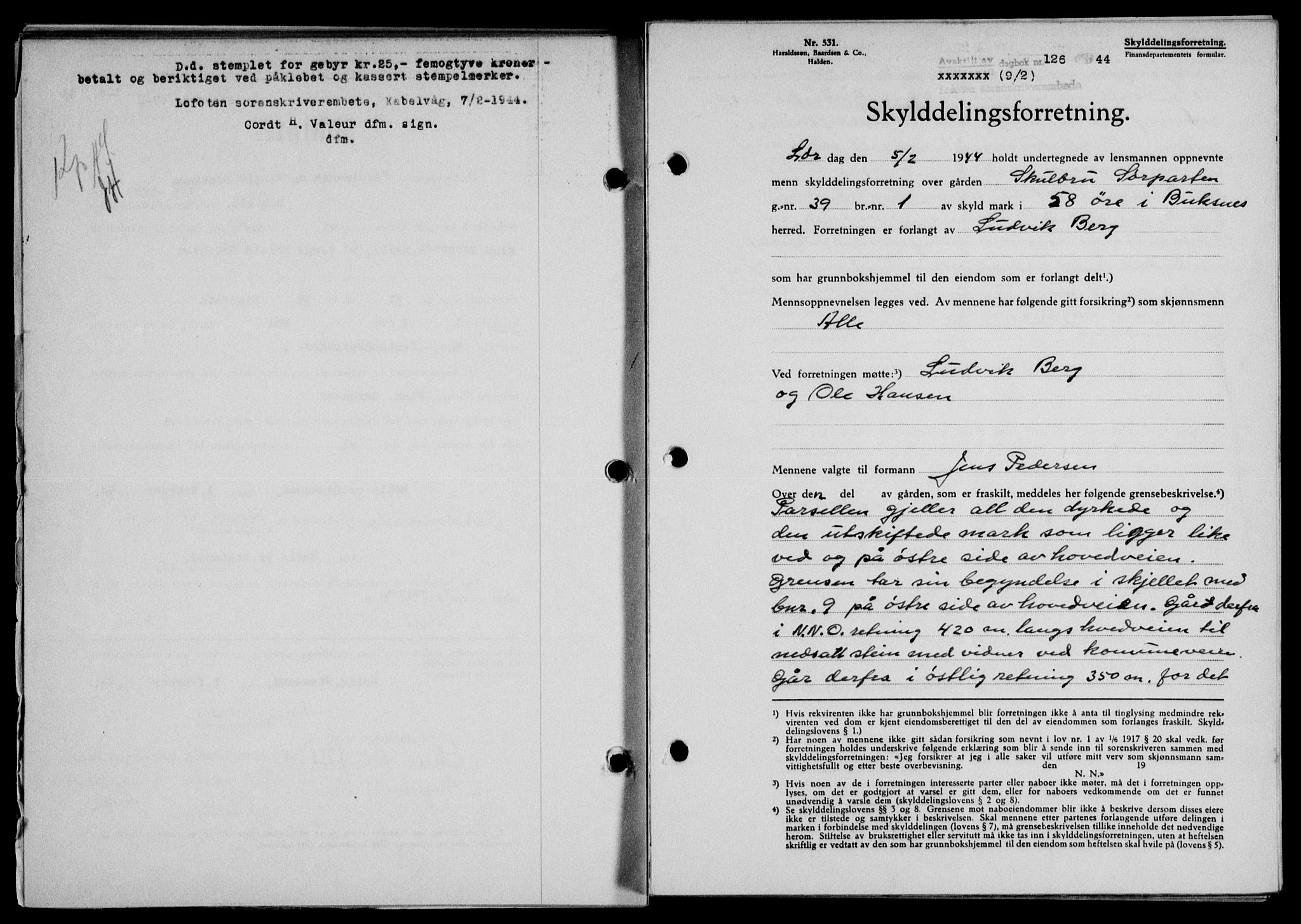 Lofoten sorenskriveri, SAT/A-0017/1/2/2C/L0012a: Mortgage book no. 12a, 1943-1944, Diary no: : 126/1944