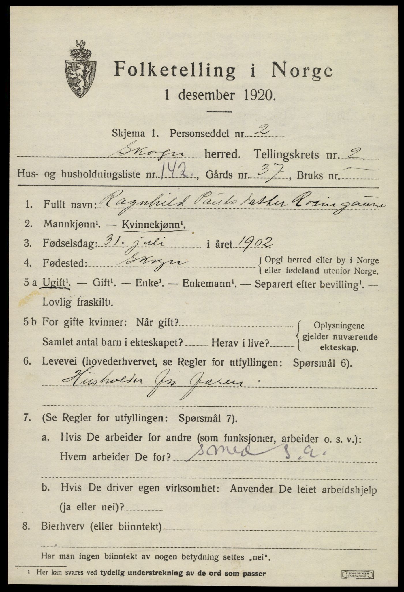 SAT, 1920 census for Skogn, 1920, p. 4587