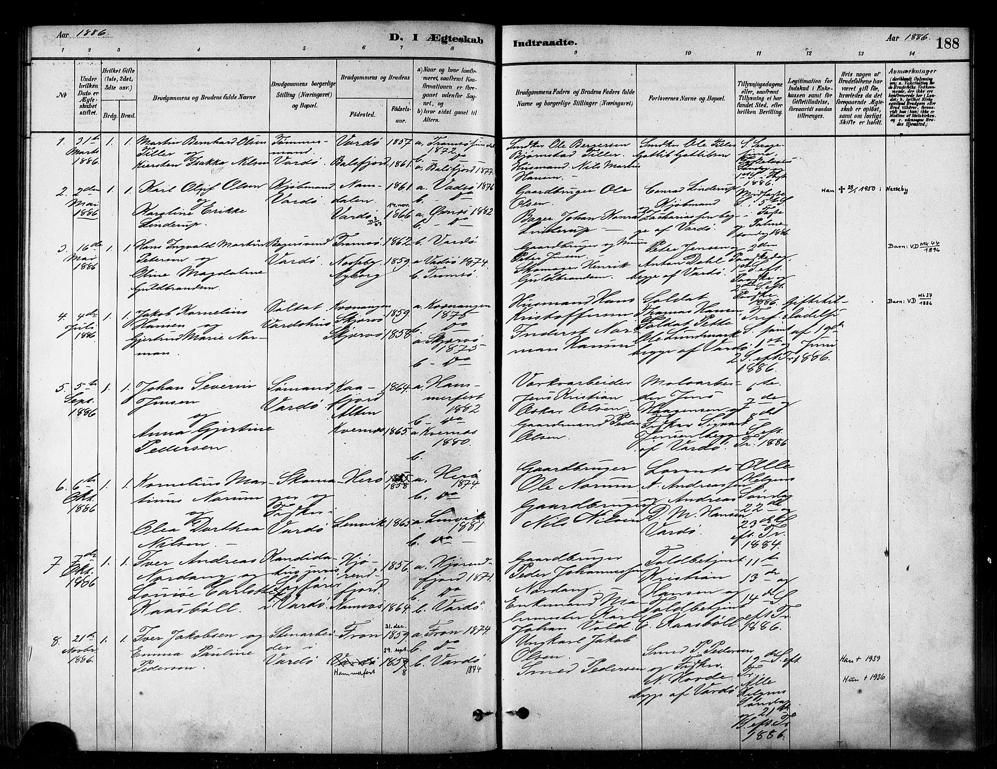 Vardø sokneprestkontor, SATØ/S-1332/H/Ha/L0006kirke: Parish register (official) no. 6, 1879-1886, p. 188