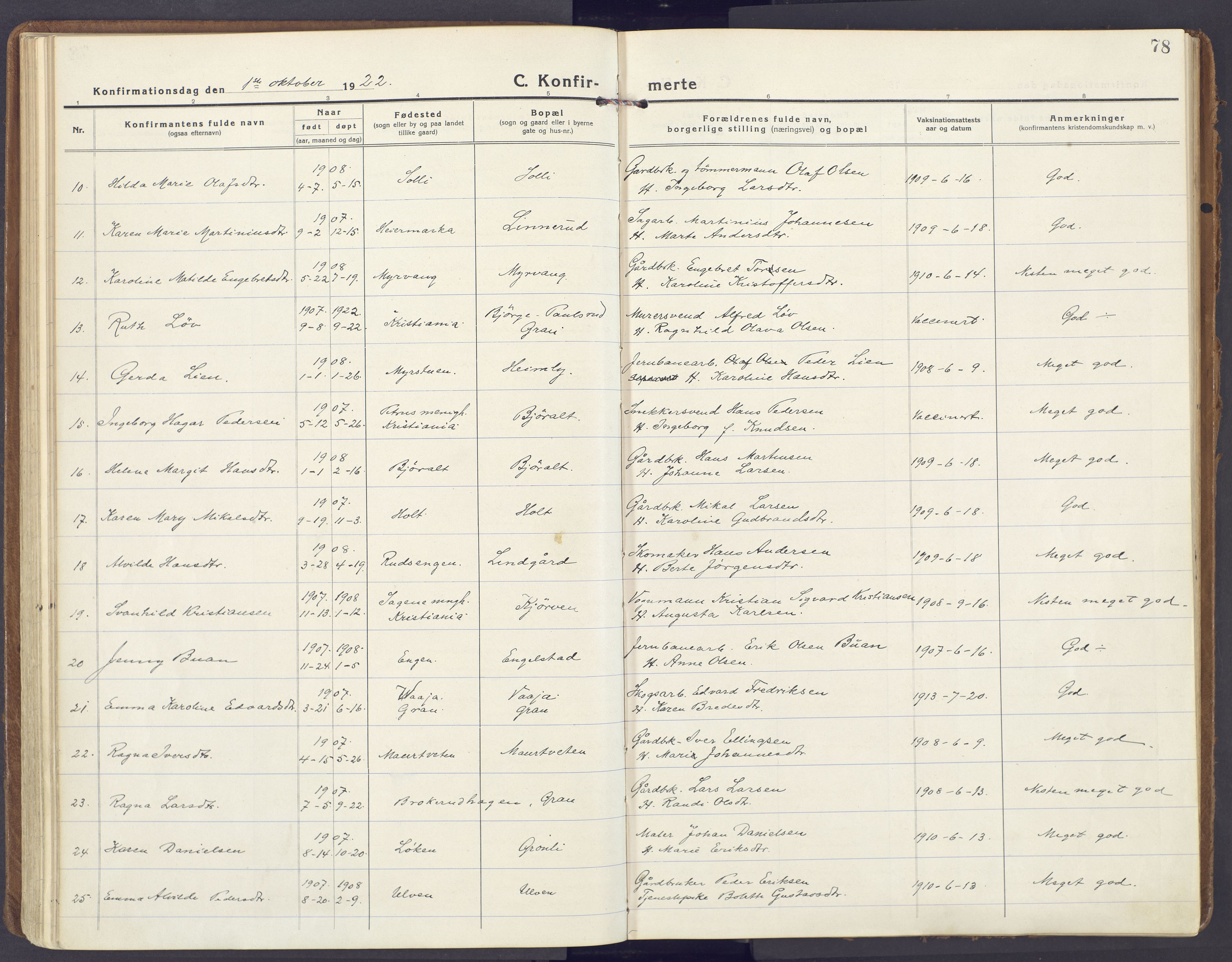 Lunner prestekontor, AV/SAH-PREST-118/H/Ha/Haa/L0002: Parish register (official) no. 2, 1922-1931, p. 78