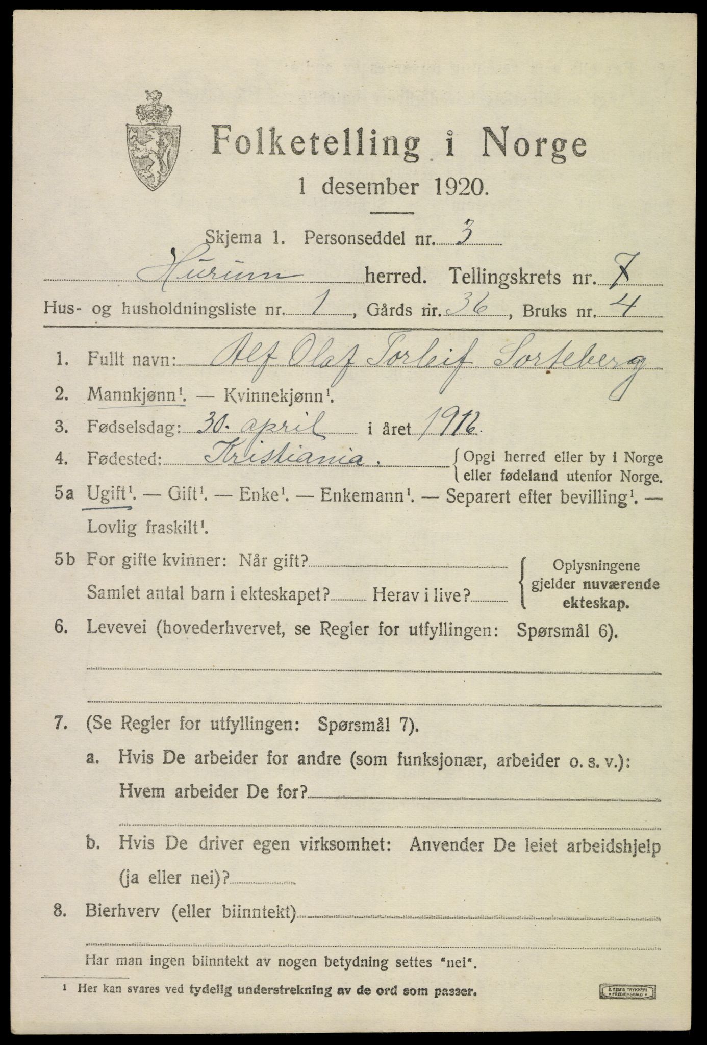 SAKO, 1920 census for Hurum, 1920, p. 8162