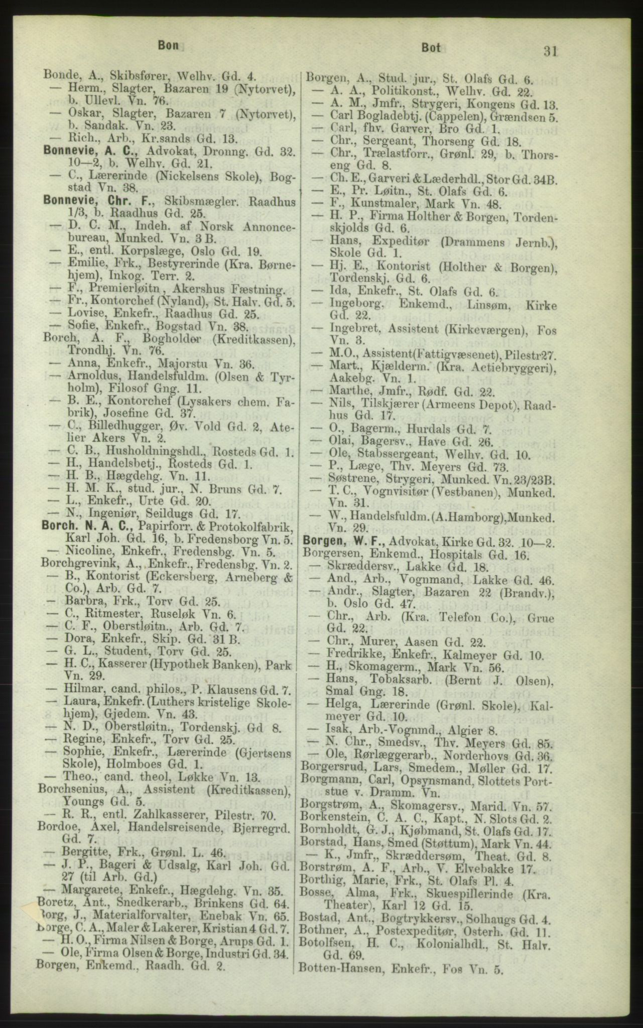 Kristiania/Oslo adressebok, PUBL/-, 1882, p. 31