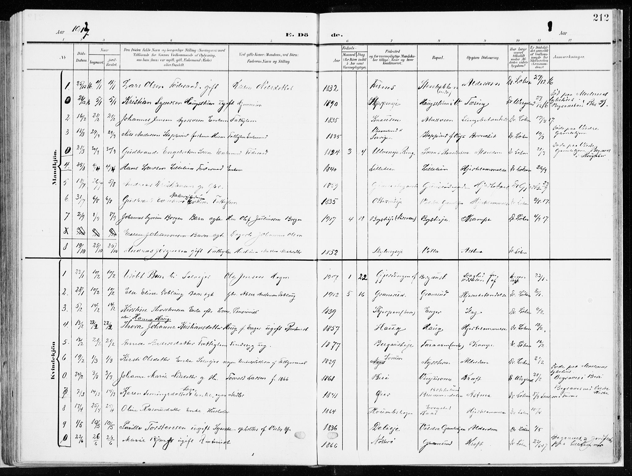 Ringsaker prestekontor, SAH/PREST-014/K/Ka/L0019: Parish register (official) no. 19, 1905-1920, p. 212
