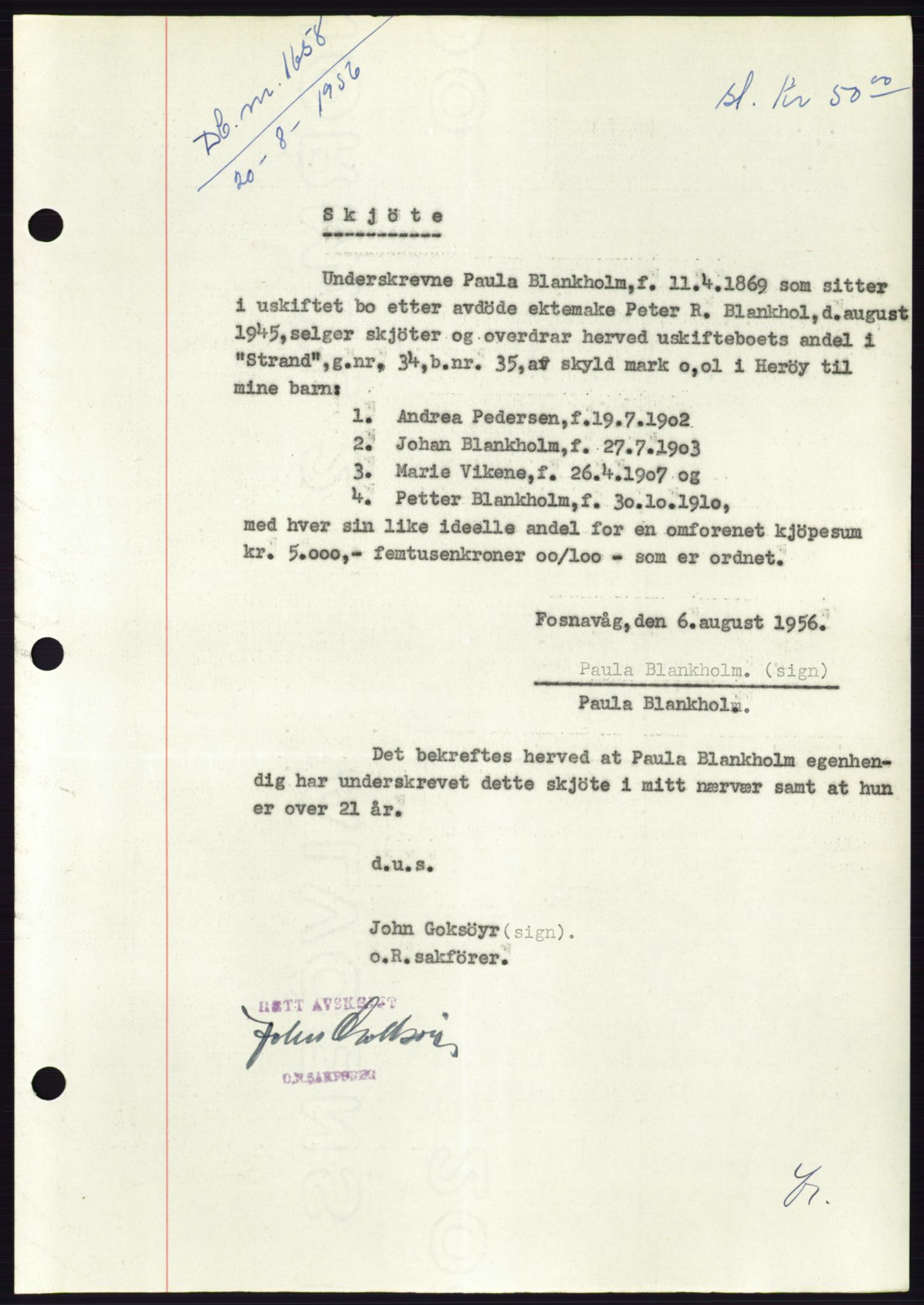 Søre Sunnmøre sorenskriveri, AV/SAT-A-4122/1/2/2C/L0104: Mortgage book no. 30A, 1956-1956, Diary no: : 1658/1956