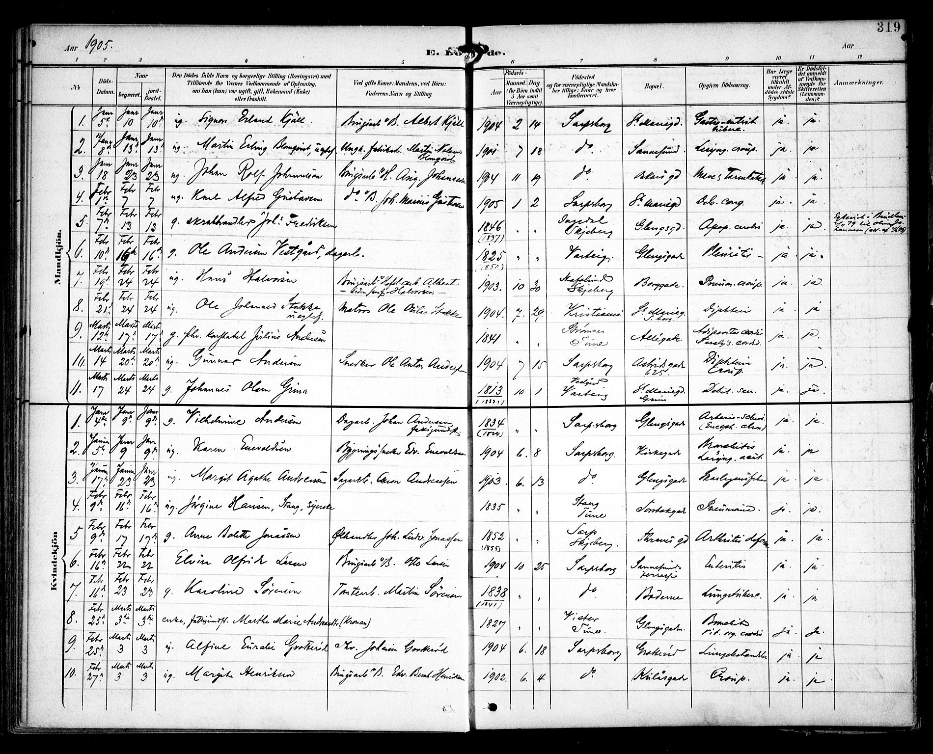 Sarpsborg prestekontor Kirkebøker, AV/SAO-A-2006/F/Fa/L0006: Parish register (official) no. 6, 1900-1909, p. 319