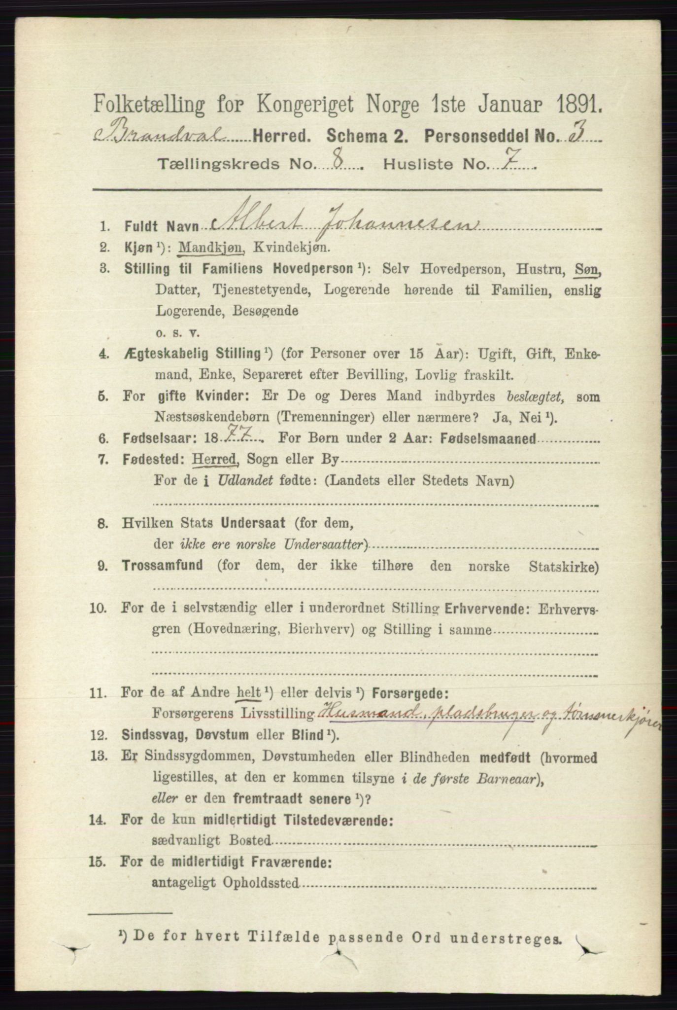 RA, 1891 census for 0422 Brandval, 1891, p. 3873