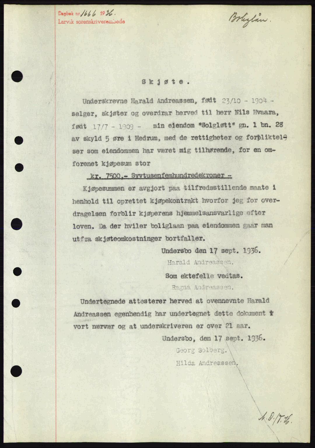 Larvik sorenskriveri, SAKO/A-83/G/Ga/Gab/L0067: Mortgage book no. A-1, 1936-1937, Diary no: : 1666/1936
