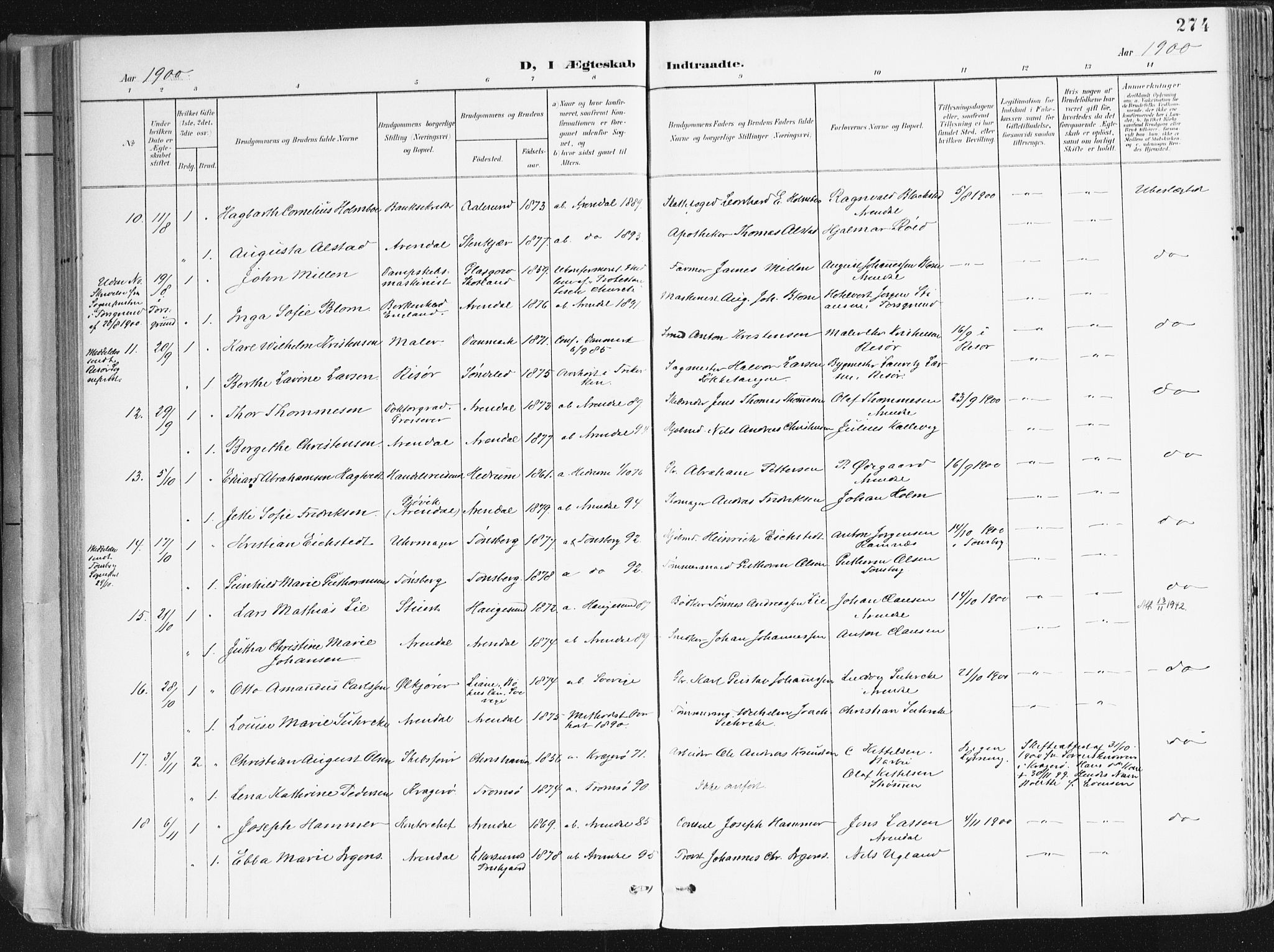 Arendal sokneprestkontor, Trefoldighet, AV/SAK-1111-0040/F/Fa/L0010: Parish register (official) no. A 10, 1900-1919, p. 274