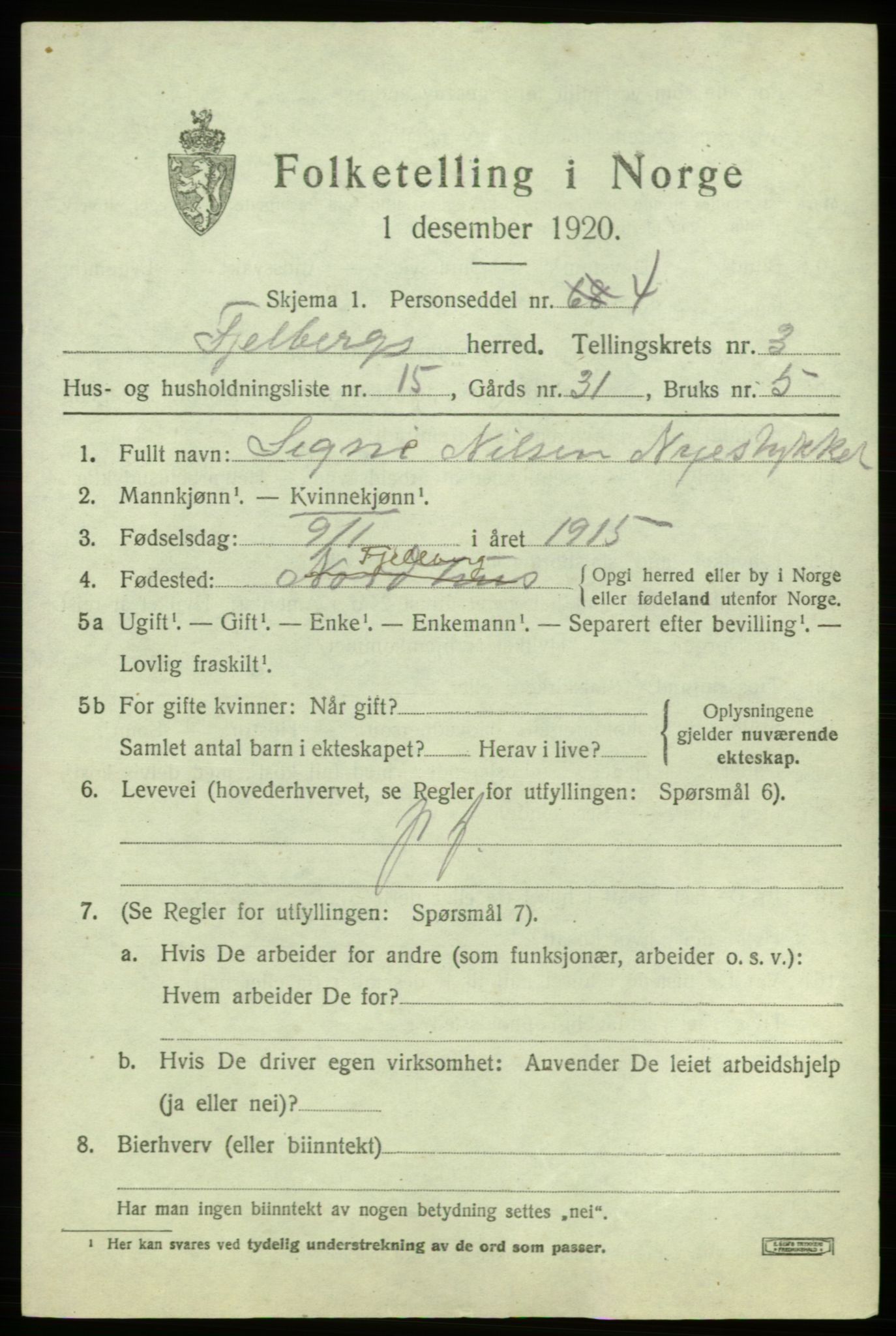 SAB, 1920 census for Fjelberg, 1920, p. 1257