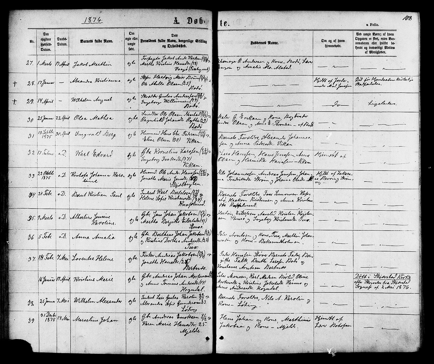 Ministerialprotokoller, klokkerbøker og fødselsregistre - Nordland, AV/SAT-A-1459/801/L0029: Parish register (copy) no. 801C04, 1868-1878, p. 108