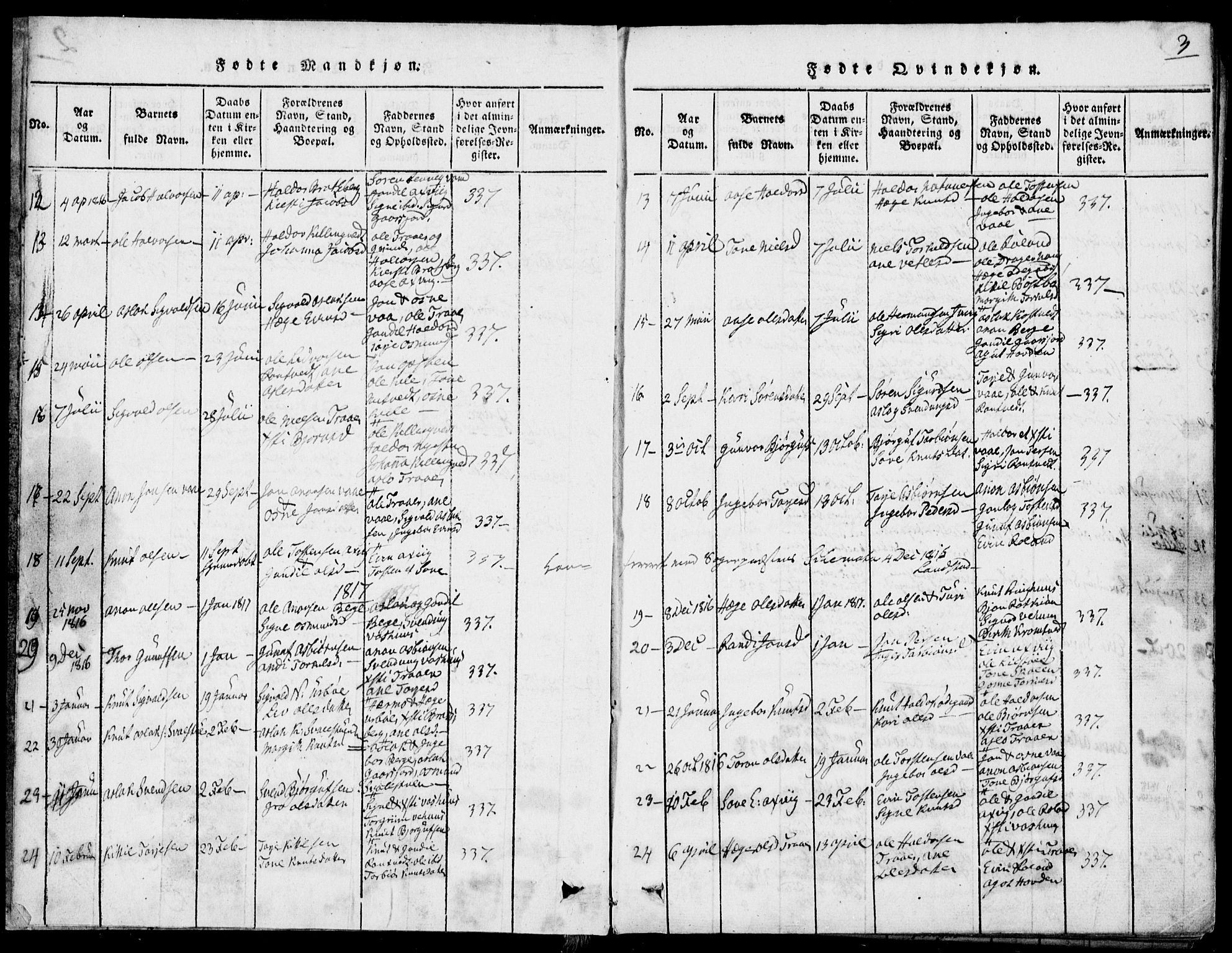 Rauland kirkebøker, SAKO/A-292/G/Ga/L0001: Parish register (copy) no. I 1, 1814-1843, p. 3