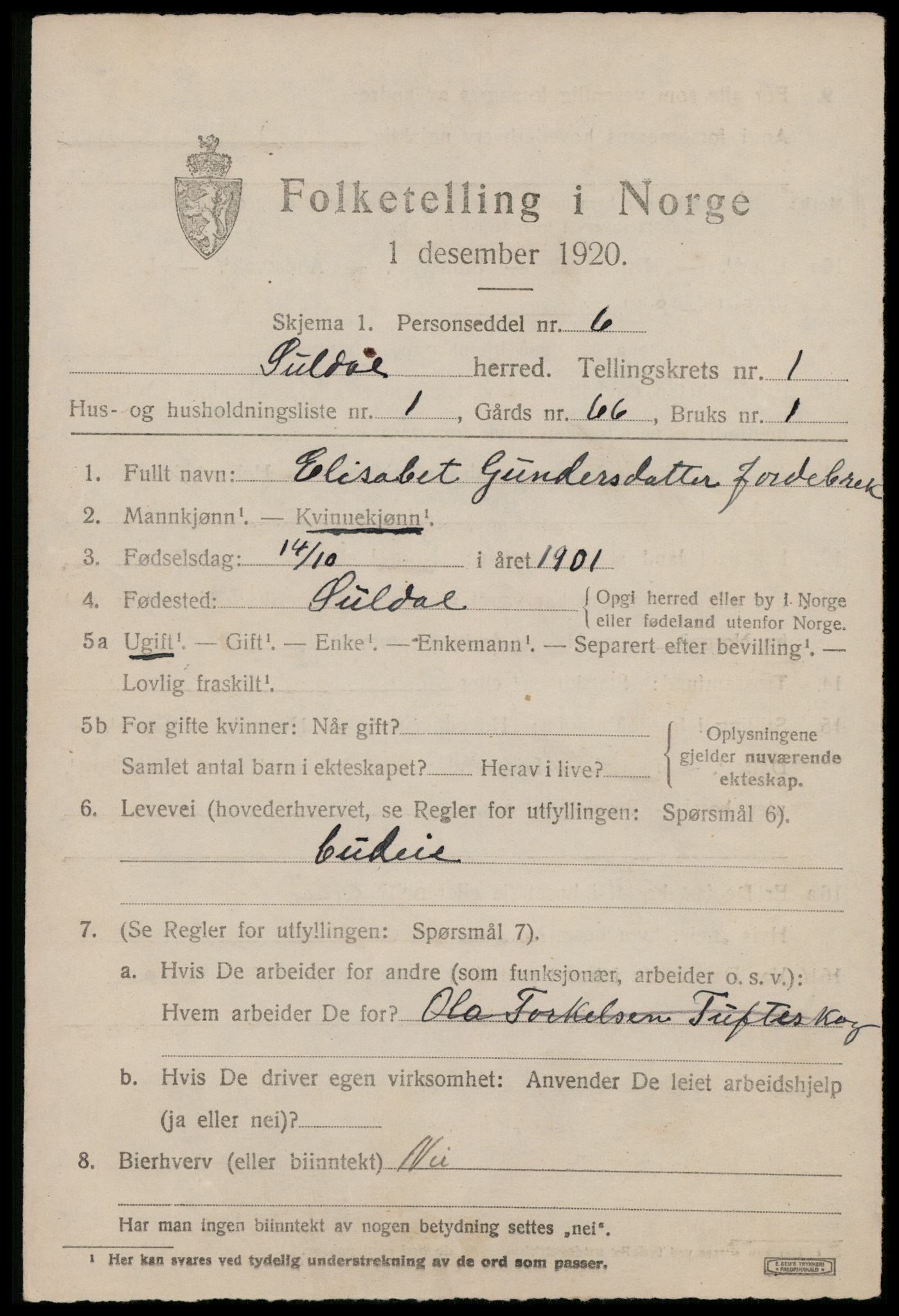 SAST, 1920 census for Suldal, 1920, p. 704